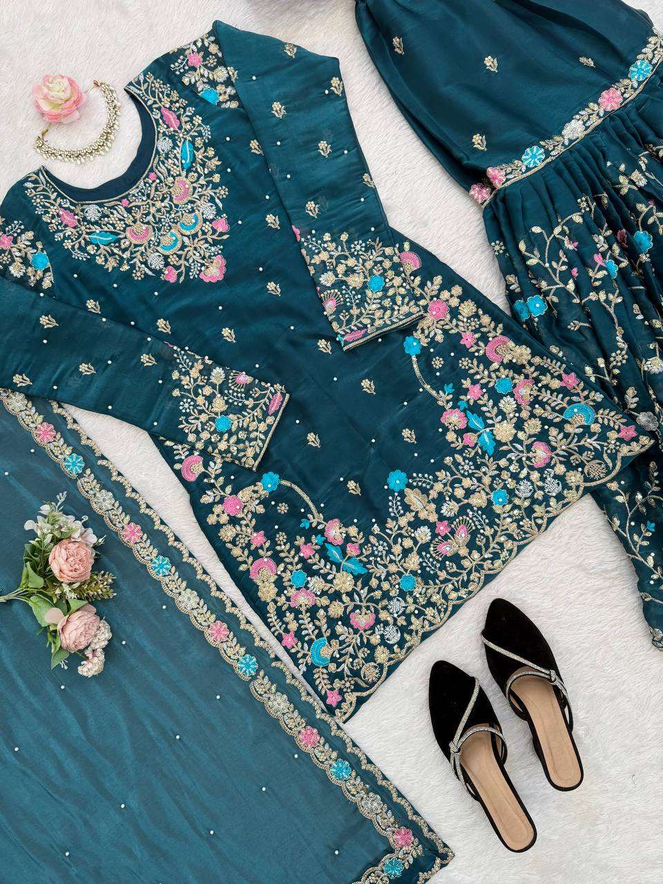 RTC 5956 SILK SEQUENCE EMBROIDERY DESIGNER WORK SUITS PARTY WEAR LADIES SHARARA SUIT 