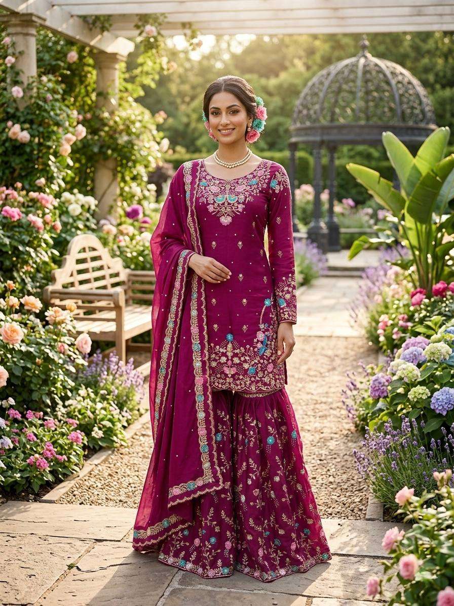 RTC 5956 SILK SEQUENCE EMBROIDERY DESIGNER WORK SUITS PARTY WEAR LADIES SHARARA SUIT 