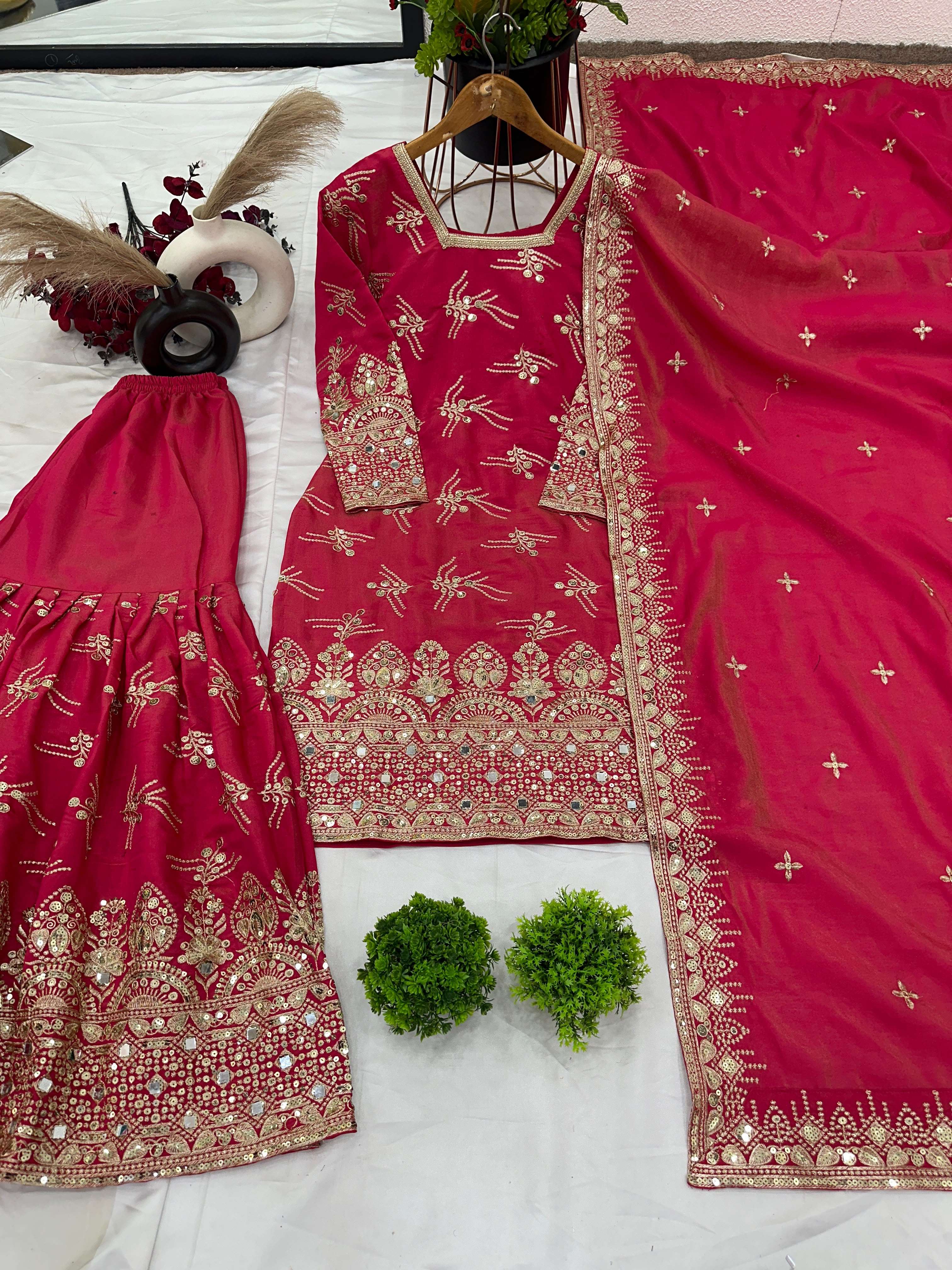 SR 1664 SILK HEAVY EMBROIDERD DESIGNER PARTY WEAR LADIES SHARARA SUIT