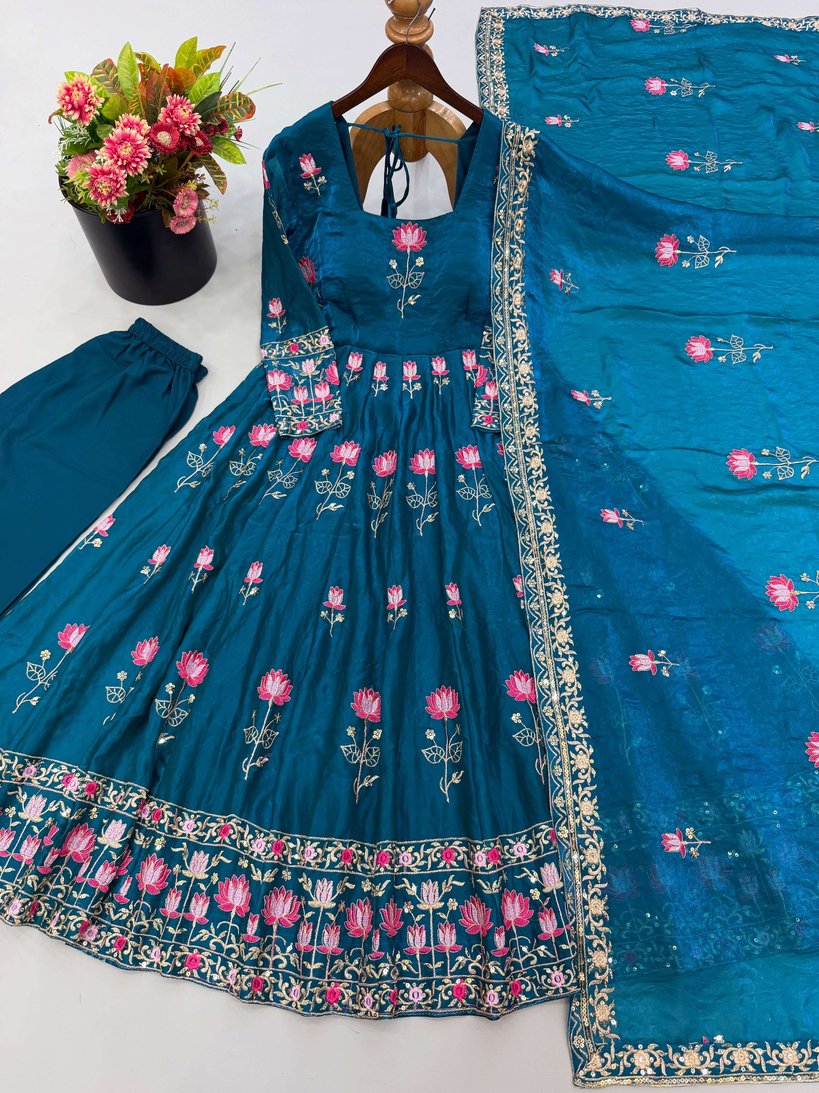 SR 1724 SILK HEAVY SEQUENCE EMBROIDERY DESIGNER PARTY WEAR GOWN SUIT