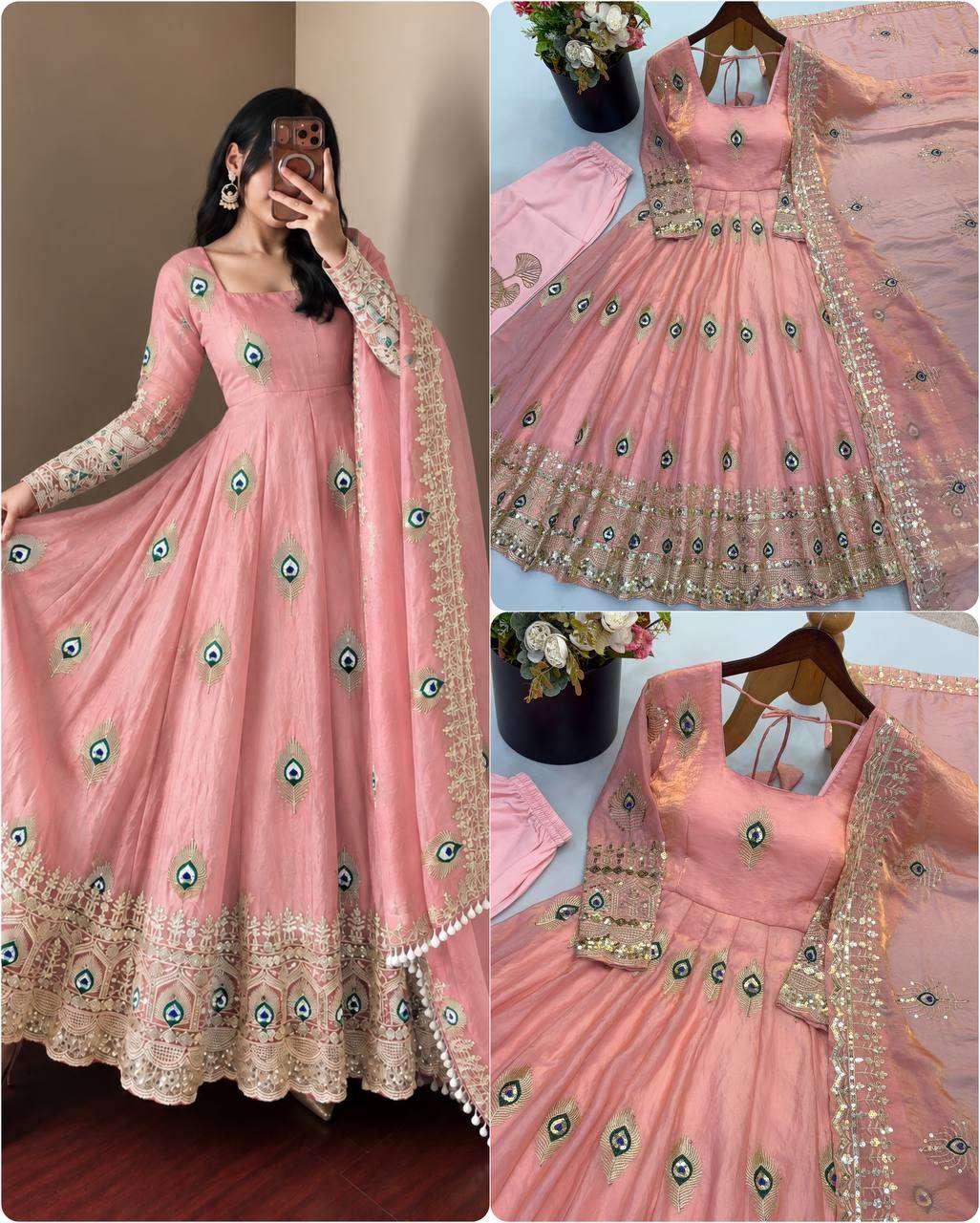 SRK 5372 SILK BEAUTIFUL DESIGNER LOOK ANARKALI GOWN PANT WITH DUPATTA SET 
