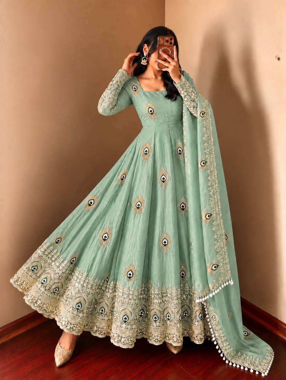 SRK 5372 SILK BEAUTIFUL DESIGNER LOOK ANARKALI GOWN PANT WITH DUPATTA SET 