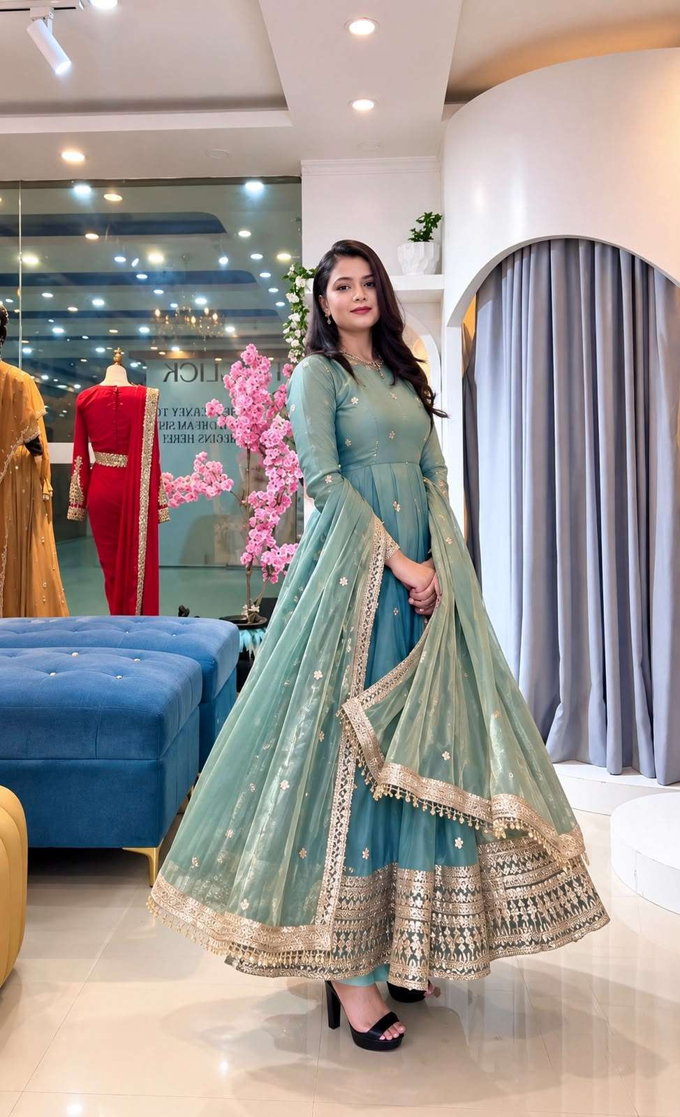 SSR 553 SILK HEAVY SEQUENCE EMBROIDERY DESIGNER WORK ANARKALI GOWN BOTTOM AND DUPATTA SET 