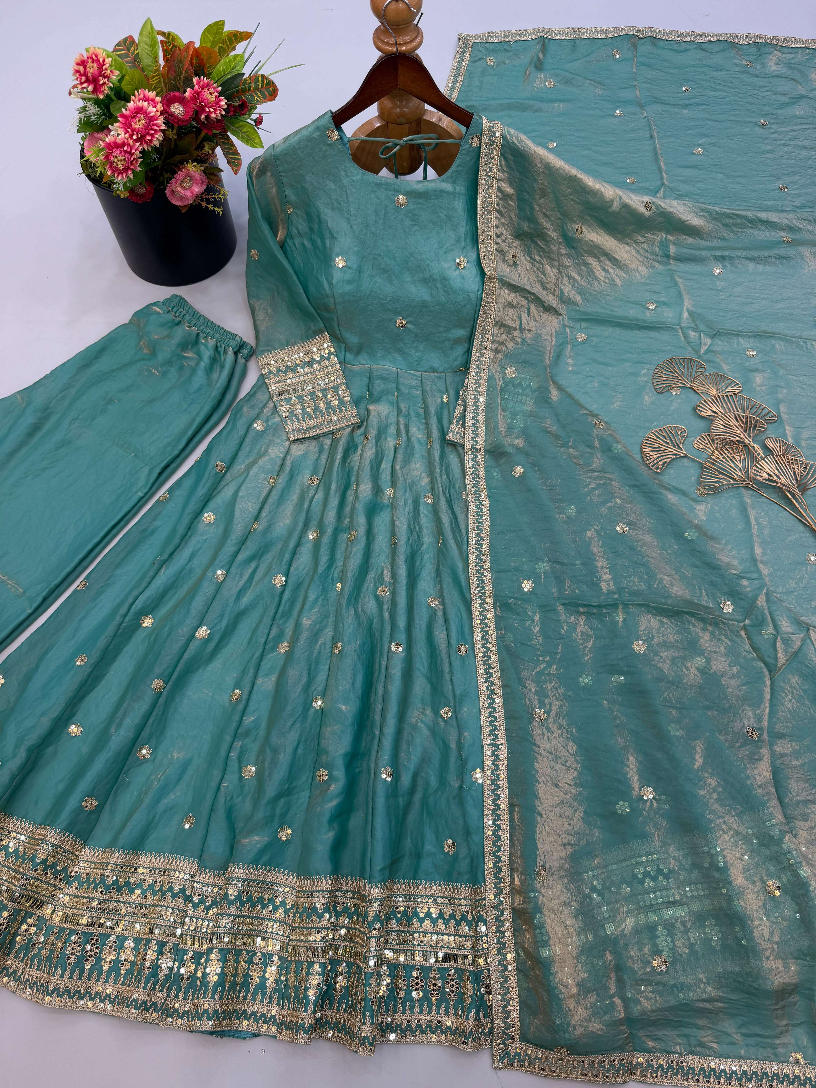 SSR 553 SILK HEAVY SEQUENCE EMBROIDERY DESIGNER WORK ANARKALI GOWN BOTTOM AND DUPATTA SET 