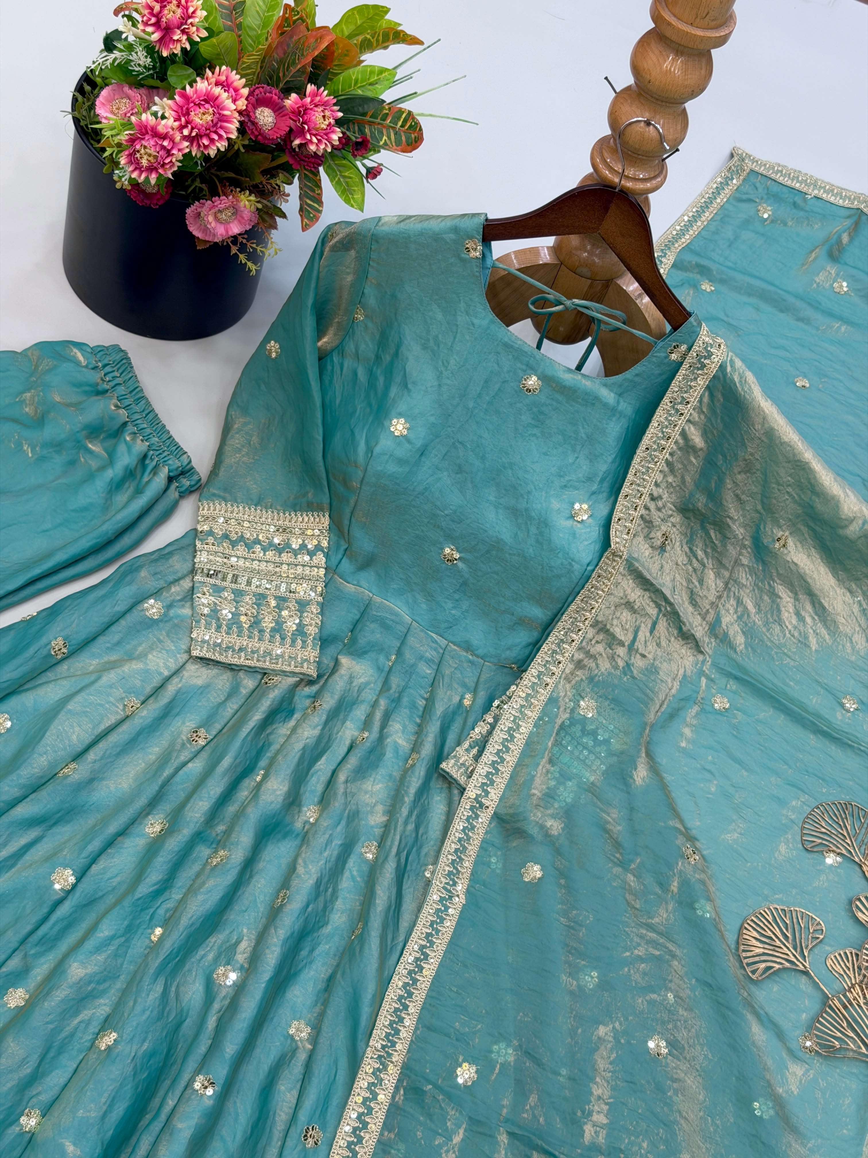 SSR 553 SILK HEAVY SEQUENCE EMBROIDERY DESIGNER WORK ANARKALI GOWN BOTTOM AND DUPATTA SET 