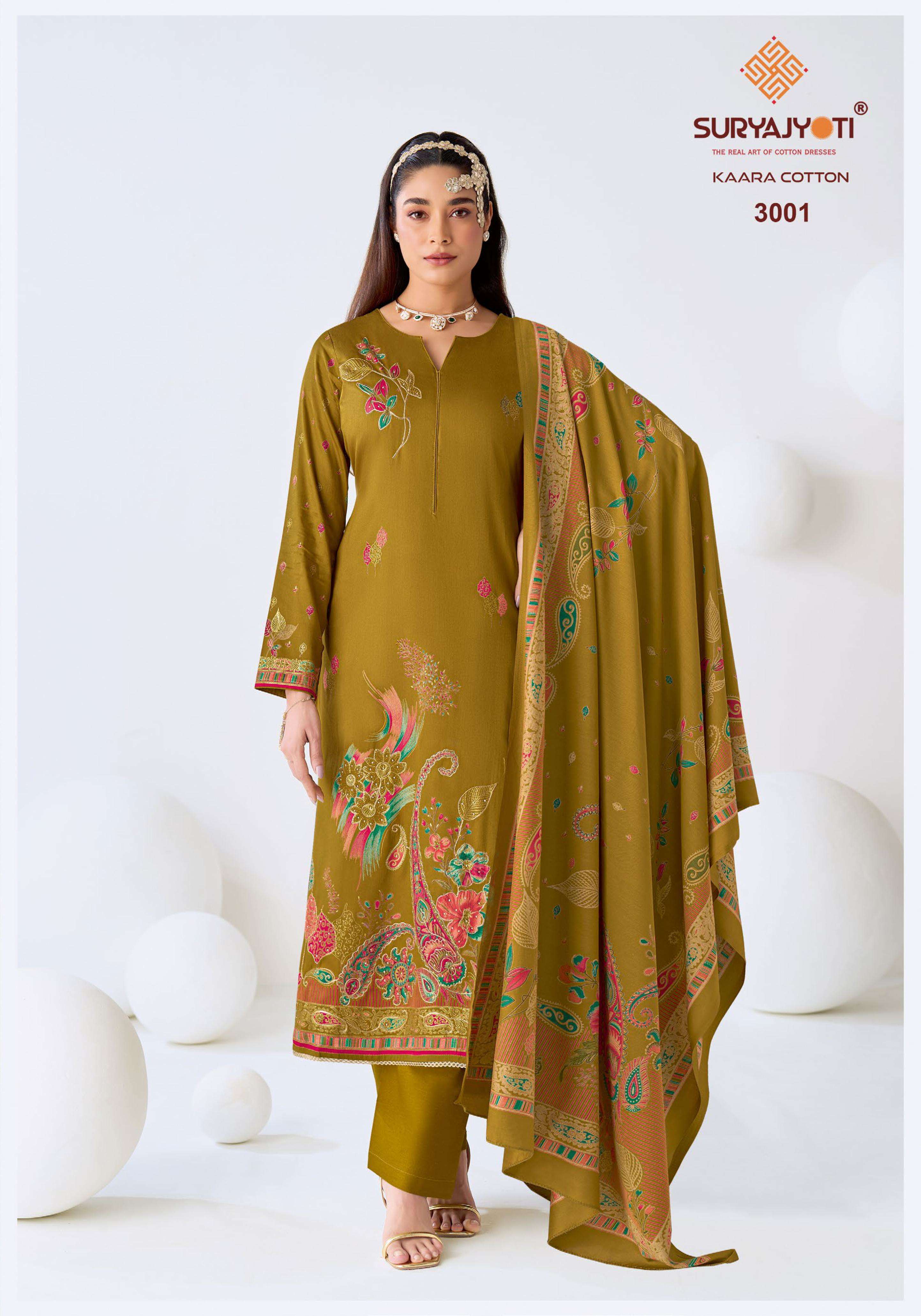 SURYAJYOTI KAARA COTTON VOL 3 JAM SATIN PRINT WITH FANCY WORK SUIT