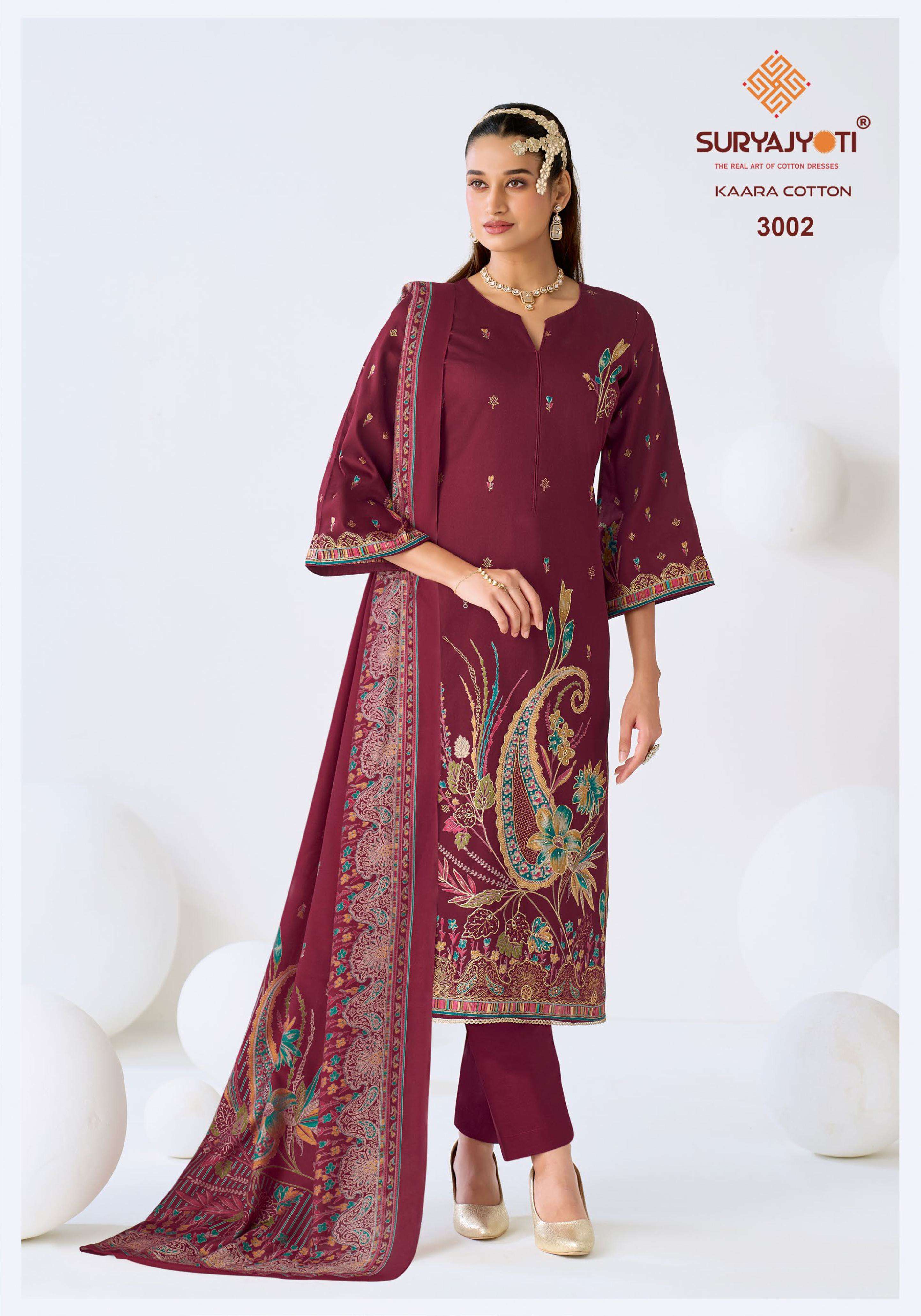 SURYAJYOTI KAARA COTTON VOL 3 JAM SATIN PRINT WITH FANCY WORK SUIT