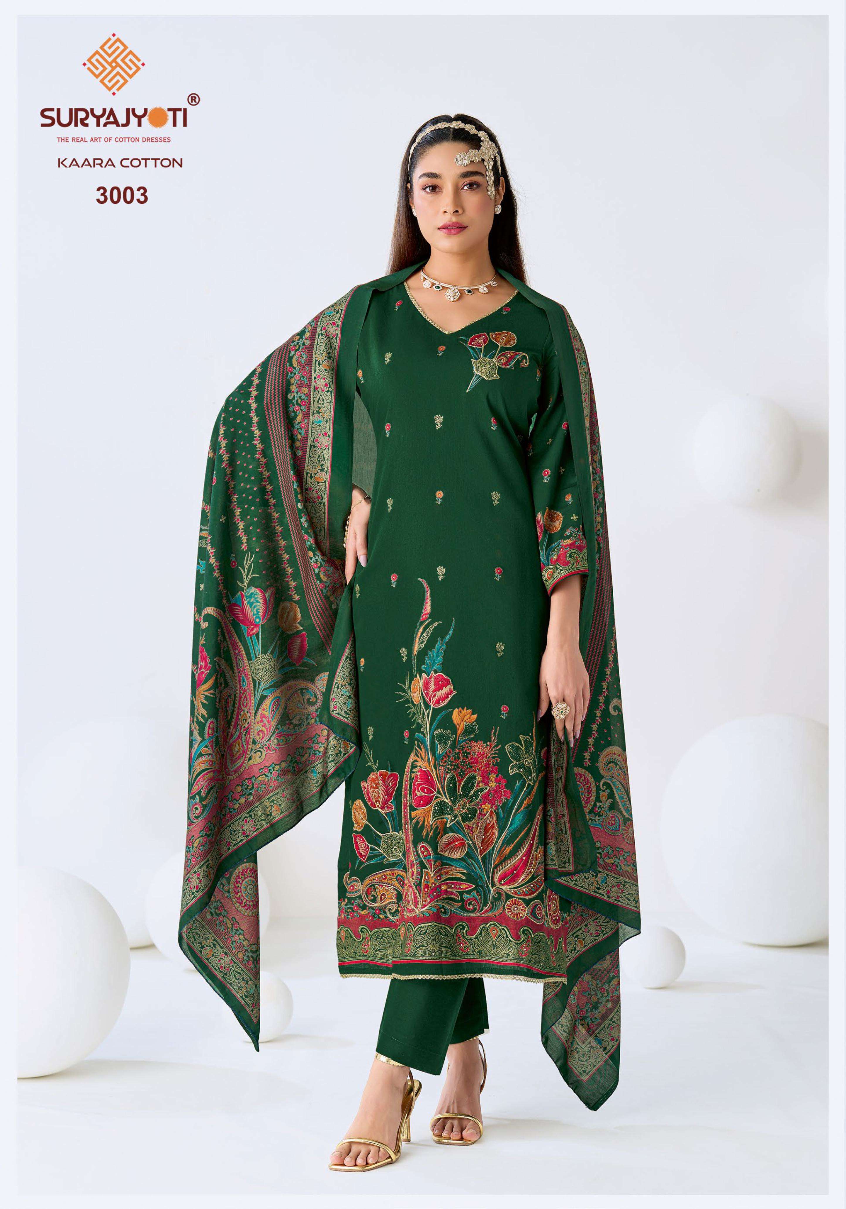 SURYAJYOTI KAARA COTTON VOL 3 JAM SATIN PRINT WITH FANCY WORK SUIT