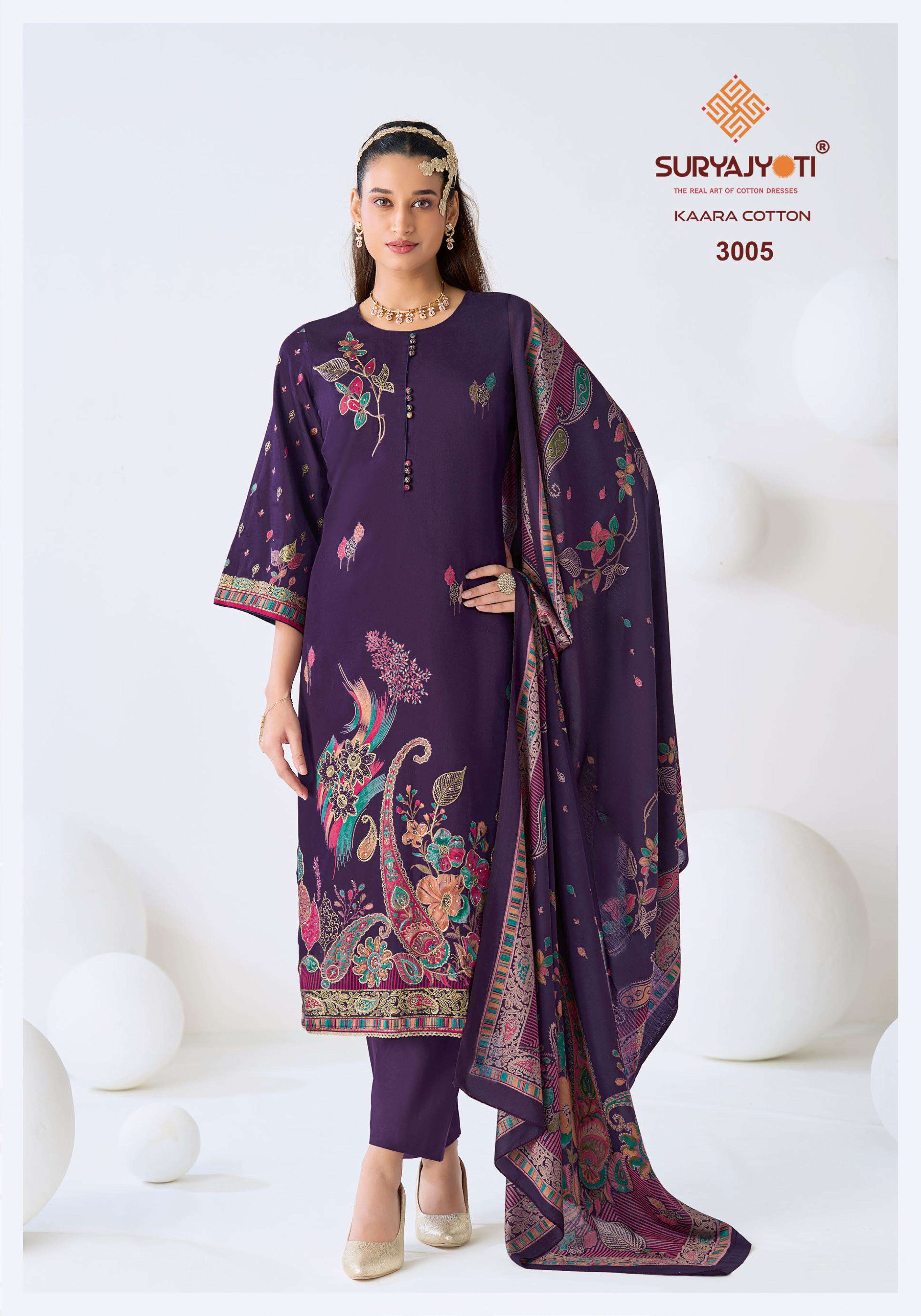 SURYAJYOTI KAARA COTTON VOL 3 JAM SATIN PRINT WITH FANCY WORK SUIT