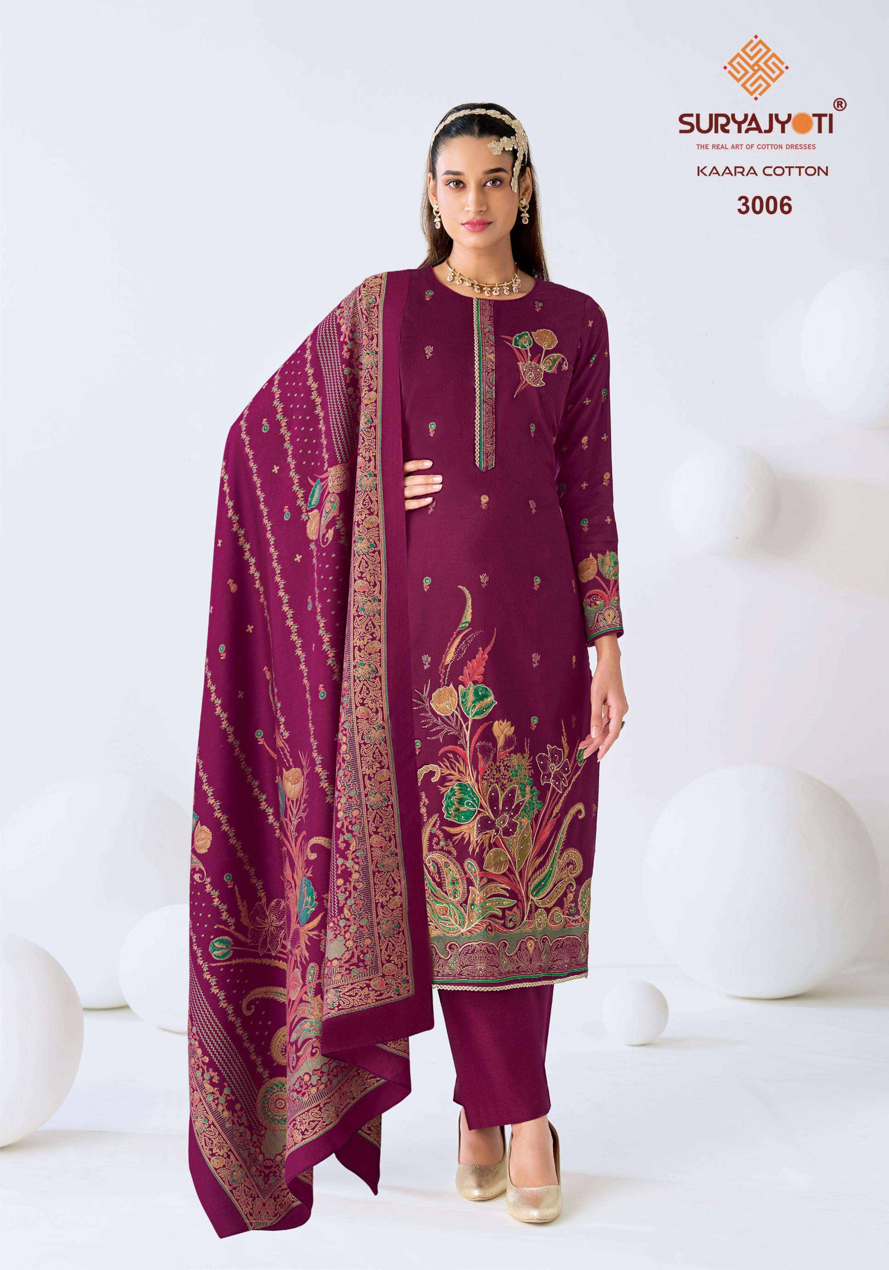 SURYAJYOTI KAARA COTTON VOL 3 JAM SATIN PRINT WITH FANCY WORK SUIT