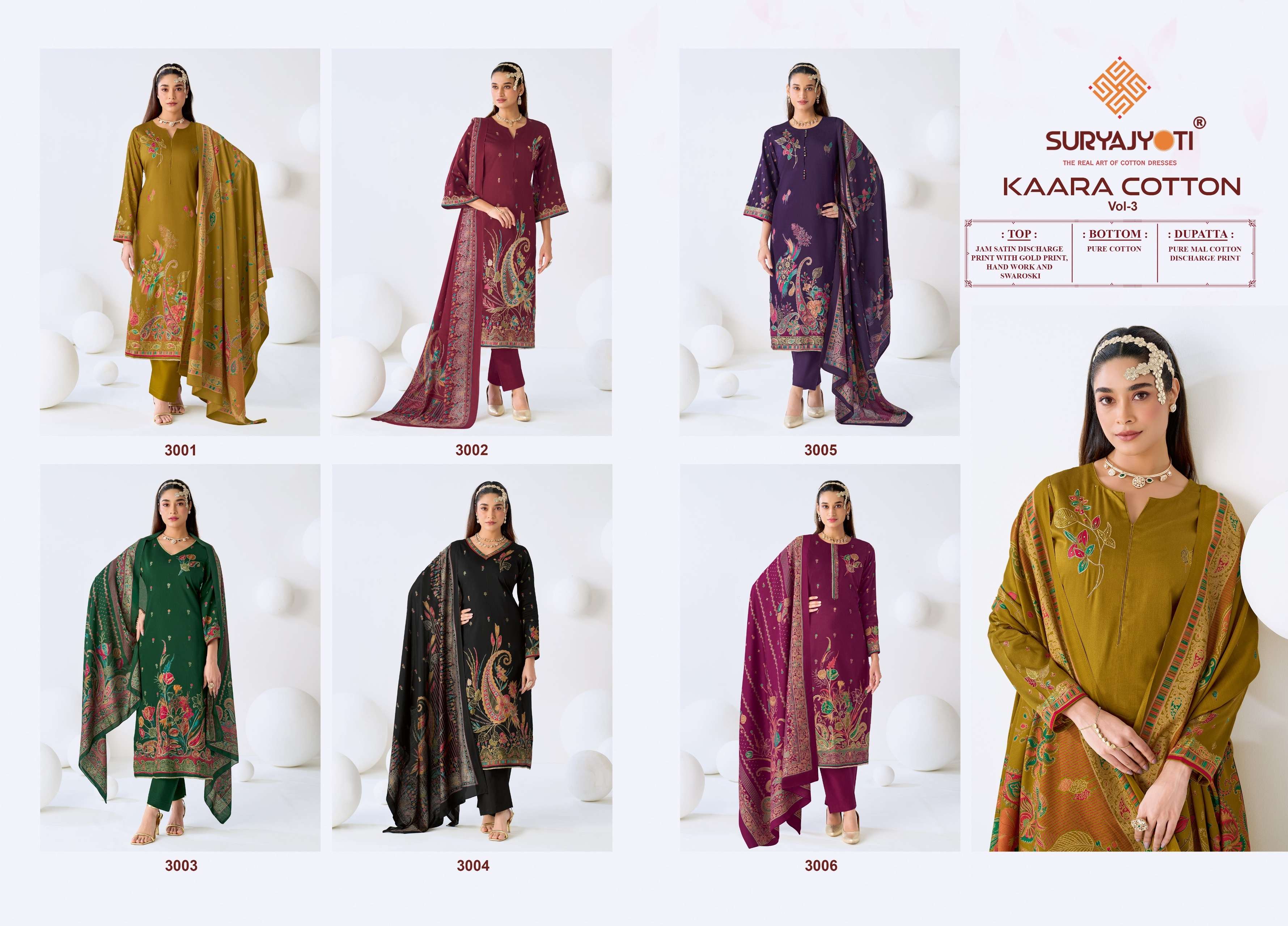 SURYAJYOTI KAARA COTTON VOL 3 JAM SATIN PRINT WITH FANCY WORK SUIT