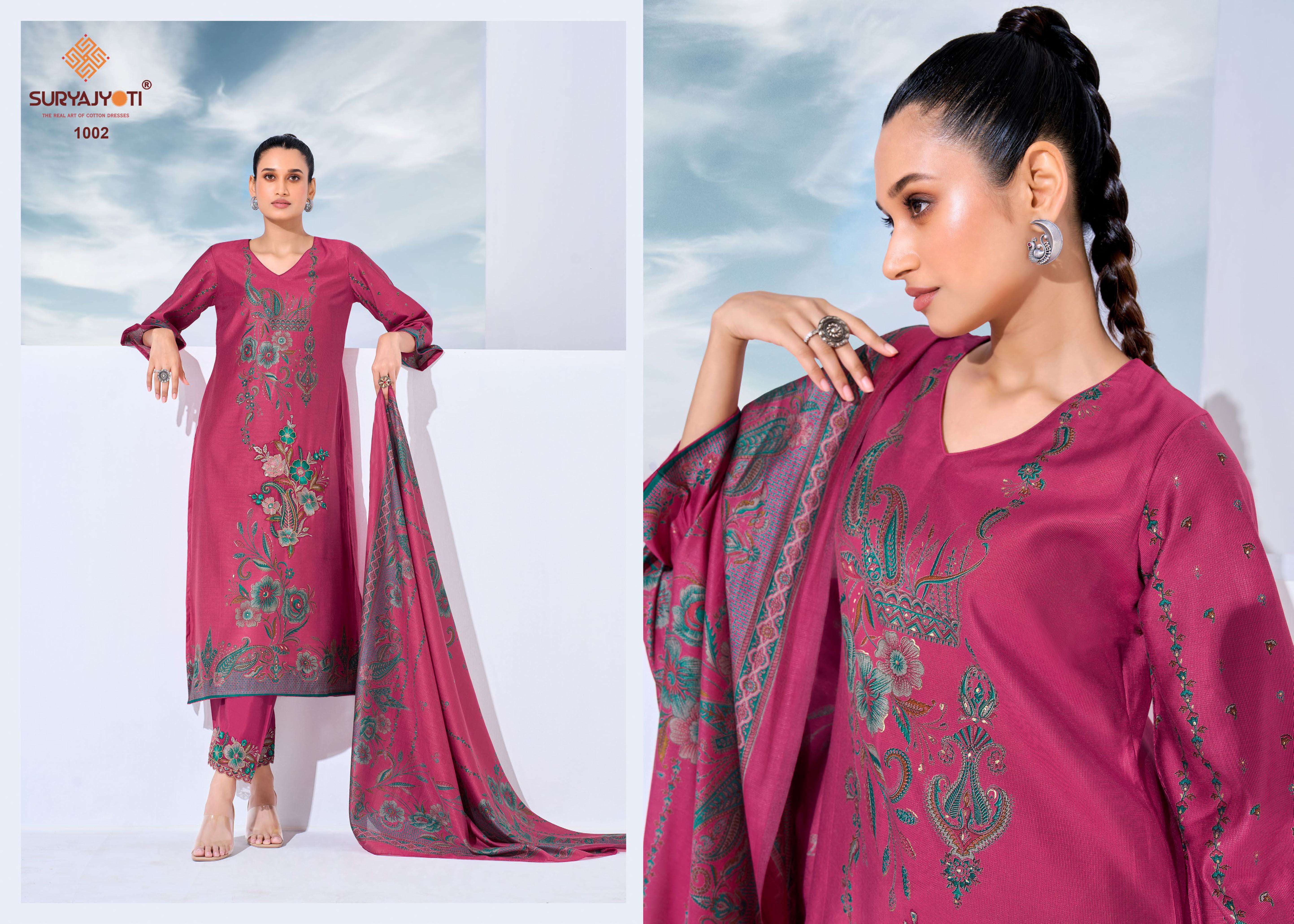 SURYAJYOTI KASHI VOL 1 MODAL FOIL PRINT FABRIC WITH EMBROIDERY WORK SUIT