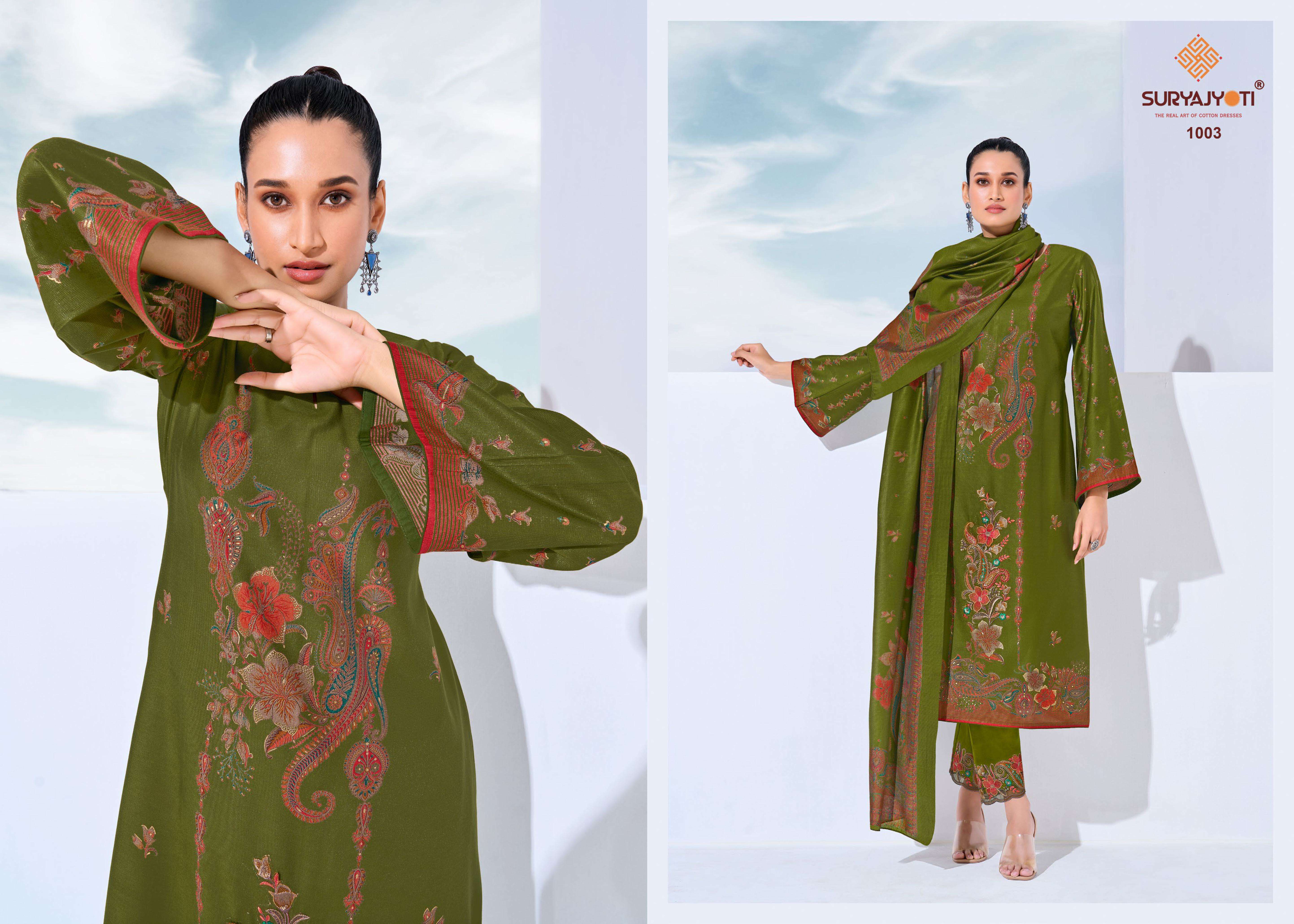 SURYAJYOTI KASHI VOL 1 MODAL FOIL PRINT FABRIC WITH EMBROIDERY WORK SUIT