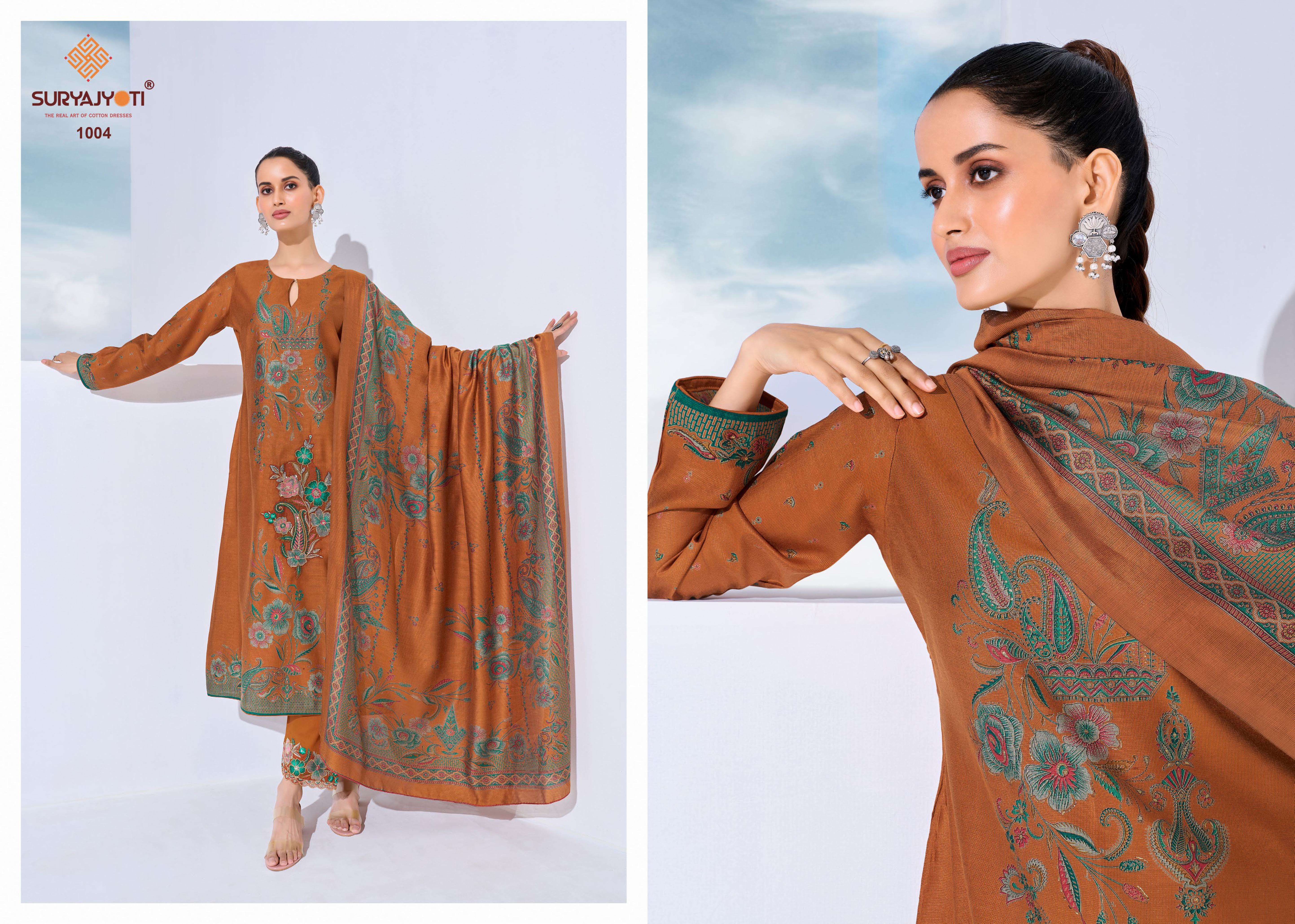 SURYAJYOTI KASHI VOL 1 MODAL FOIL PRINT FABRIC WITH EMBROIDERY WORK SUIT