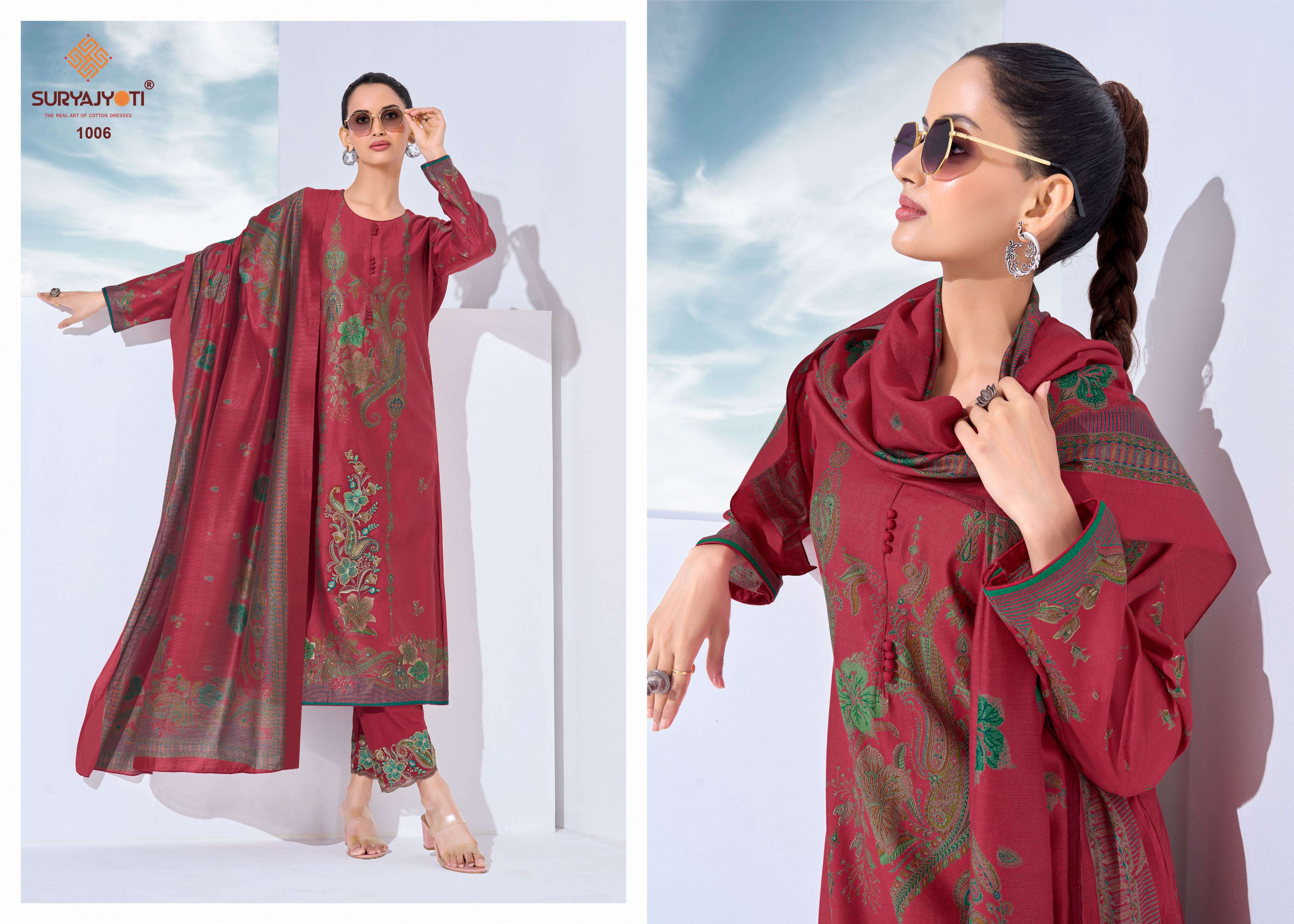 SURYAJYOTI KASHI VOL 1 MODAL FOIL PRINT FABRIC WITH EMBROIDERY WORK SUIT