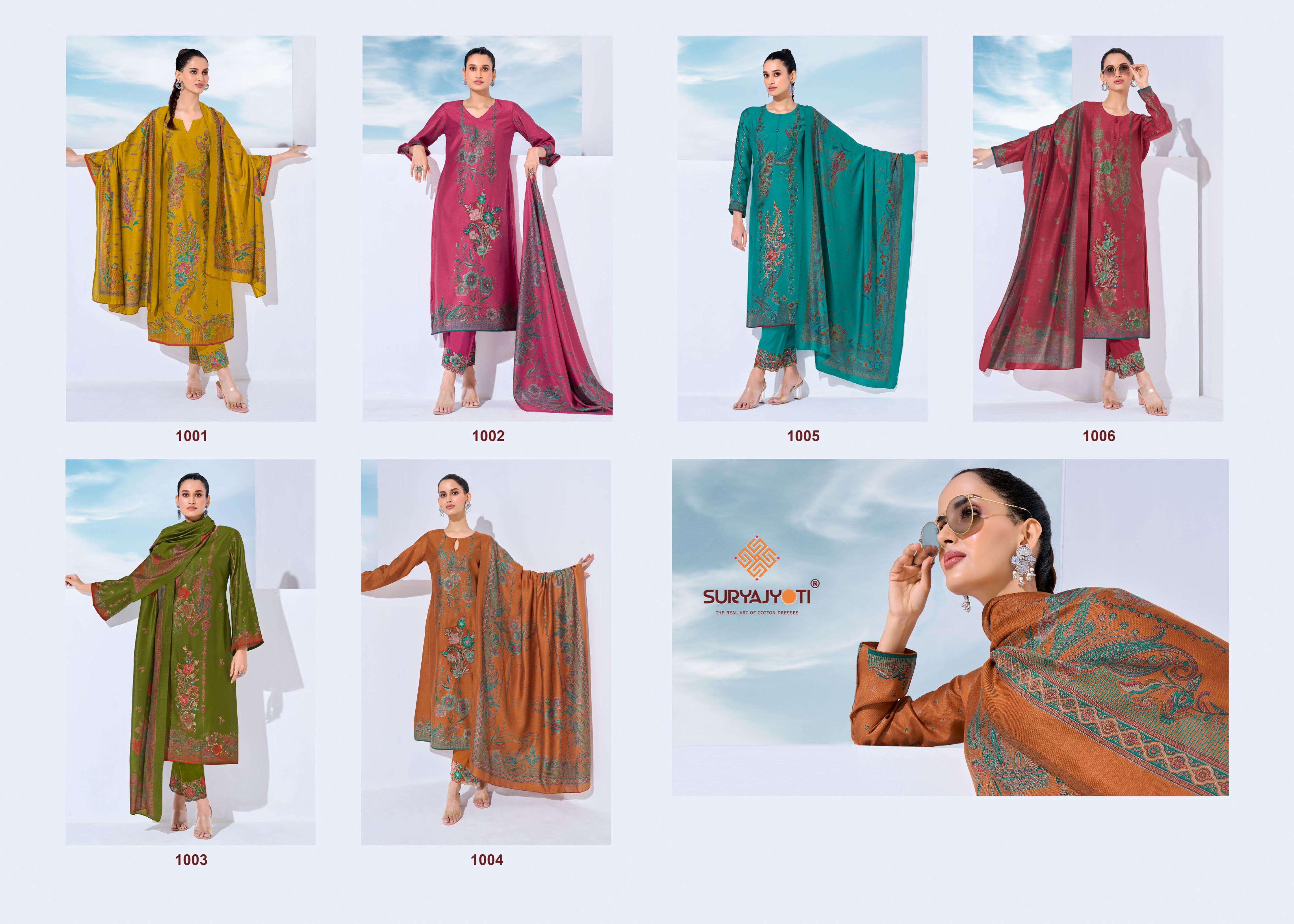 SURYAJYOTI KASHI VOL 1 MODAL FOIL PRINT FABRIC WITH EMBROIDERY WORK SUIT