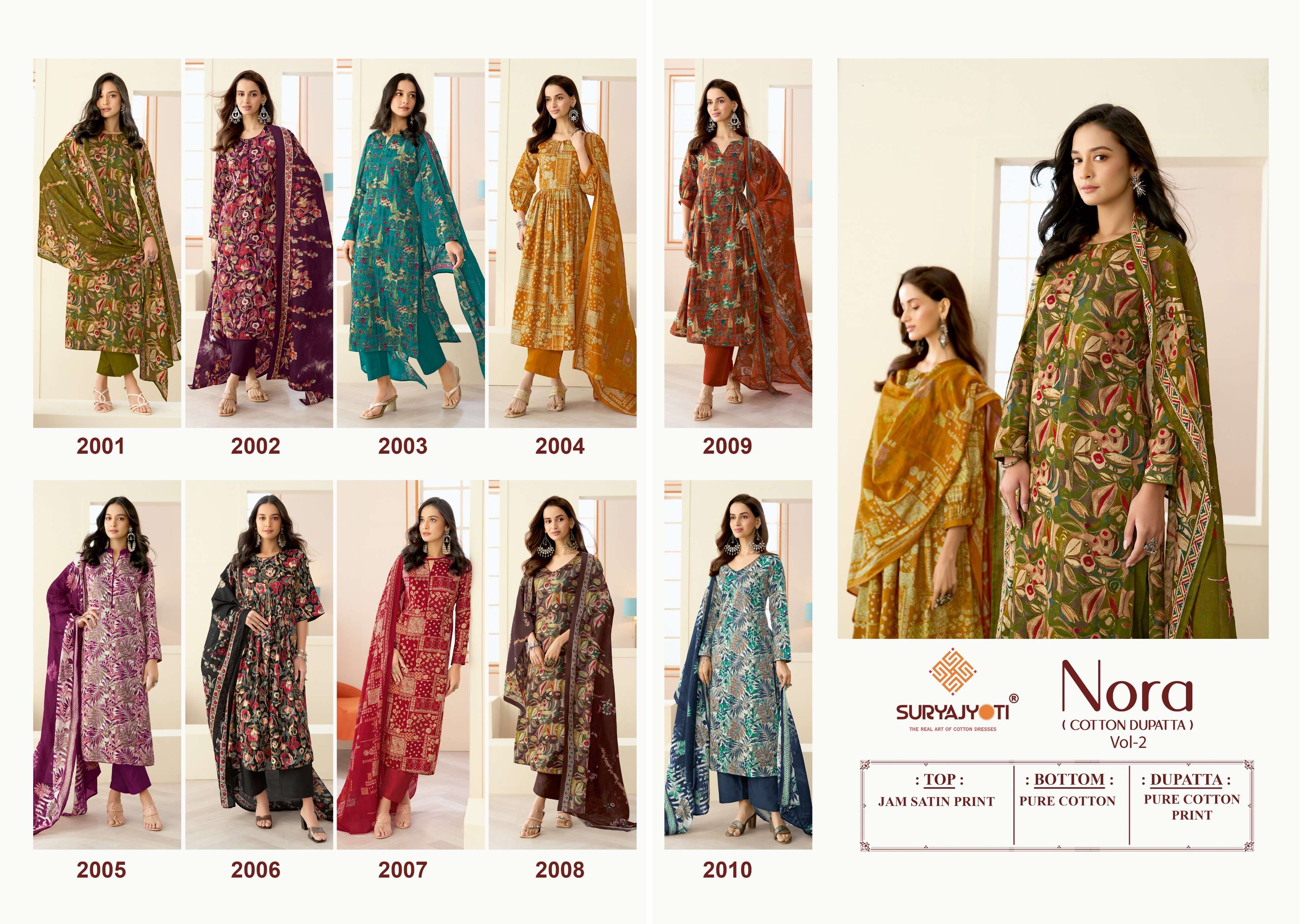 SURYAJYOTI NORA VOL 2 JAM SATIN PRINT WITH FANCY WORK SUIT