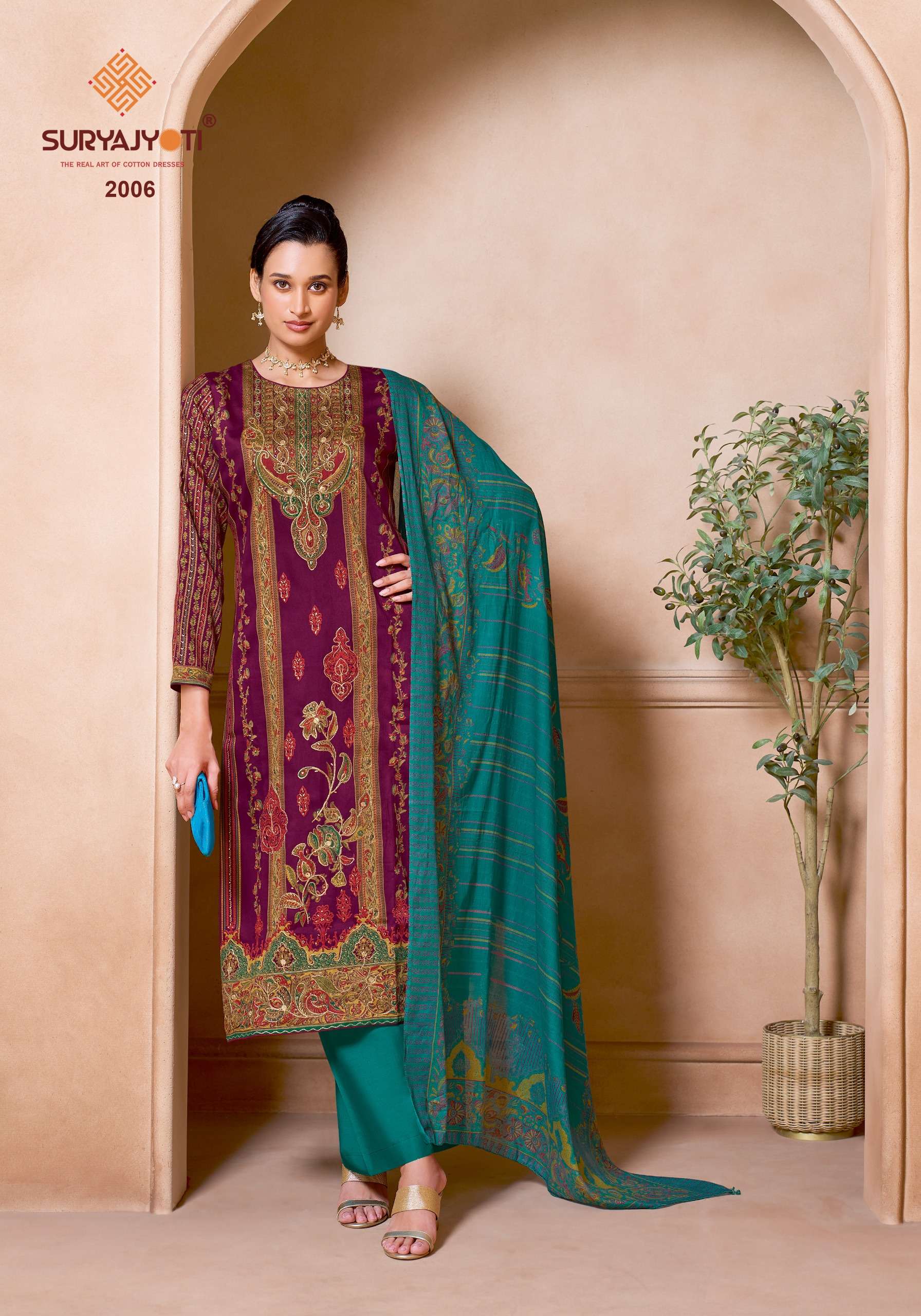 SURYAJYOTI ZARINA VOL 2 JAM SATIN PRINT WITH SWAROVSKI WORK SUIT