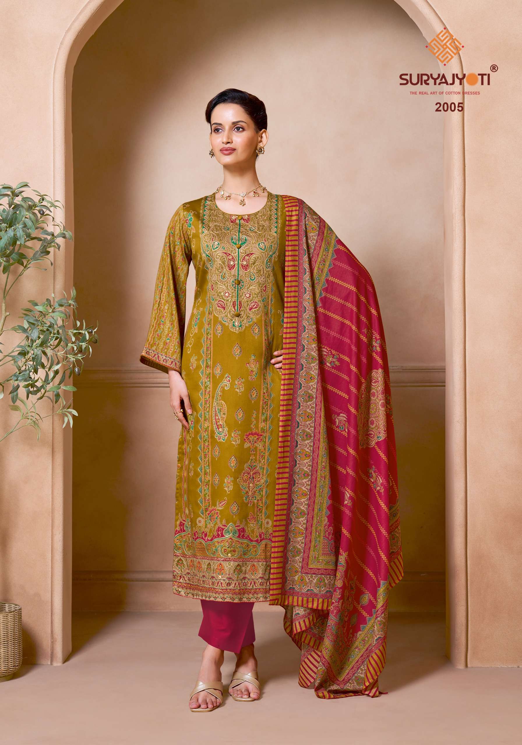 SURYAJYOTI ZARINA VOL 2 JAM SATIN PRINT WITH SWAROVSKI WORK SUIT
