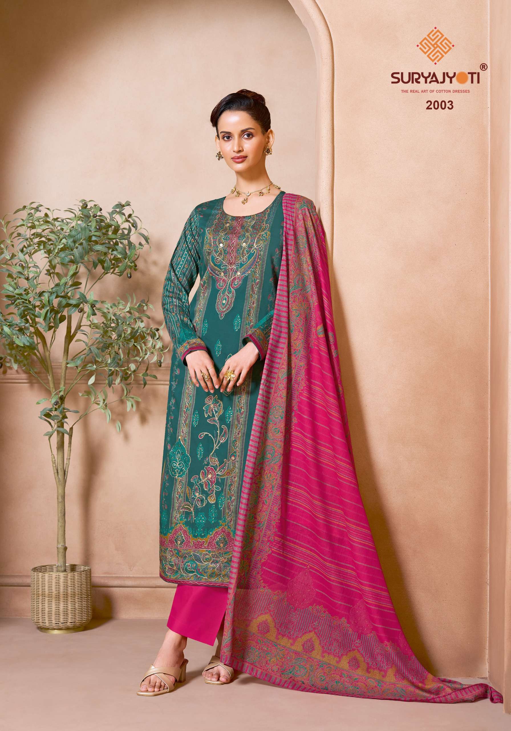 SURYAJYOTI ZARINA VOL 2 JAM SATIN PRINT WITH SWAROVSKI WORK SUIT