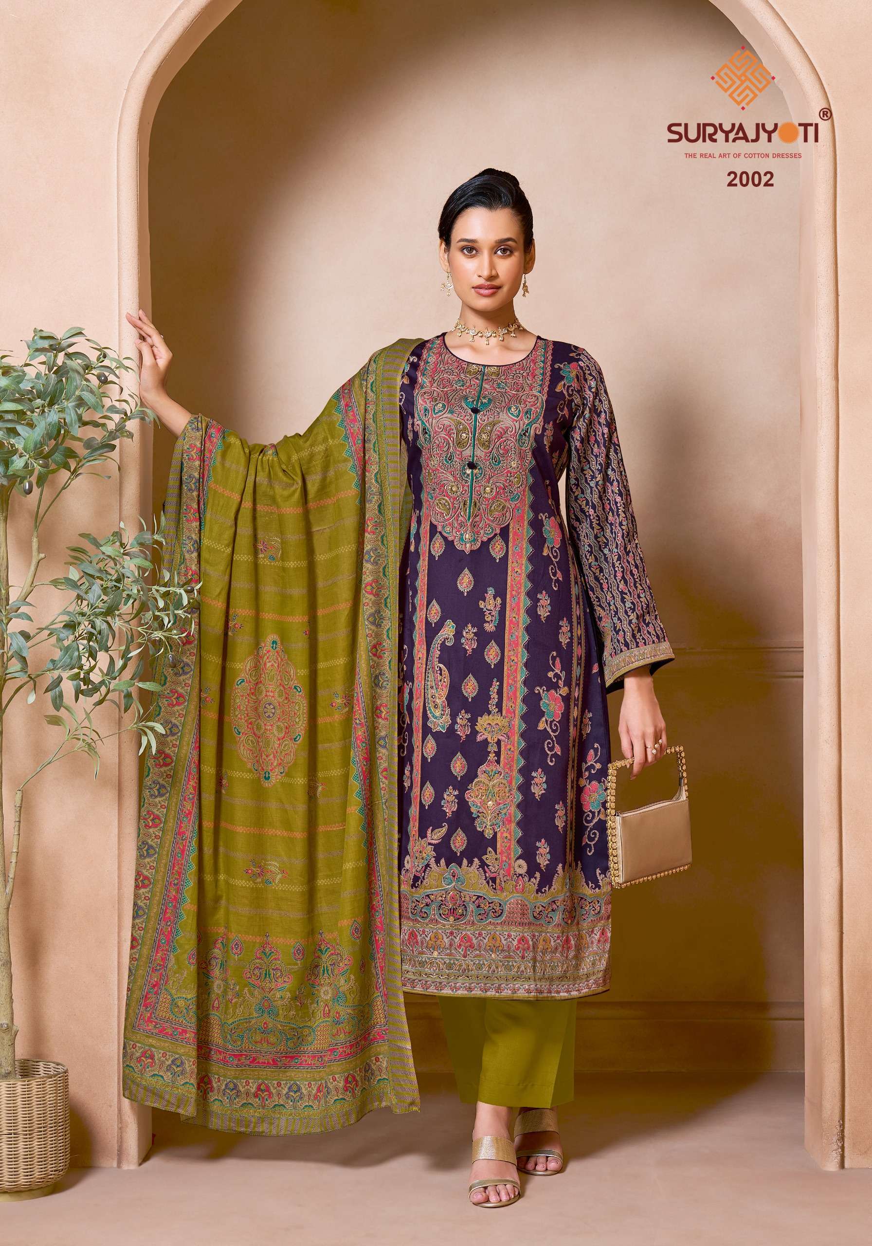 SURYAJYOTI ZARINA VOL 2 JAM SATIN PRINT WITH SWAROVSKI WORK SUIT