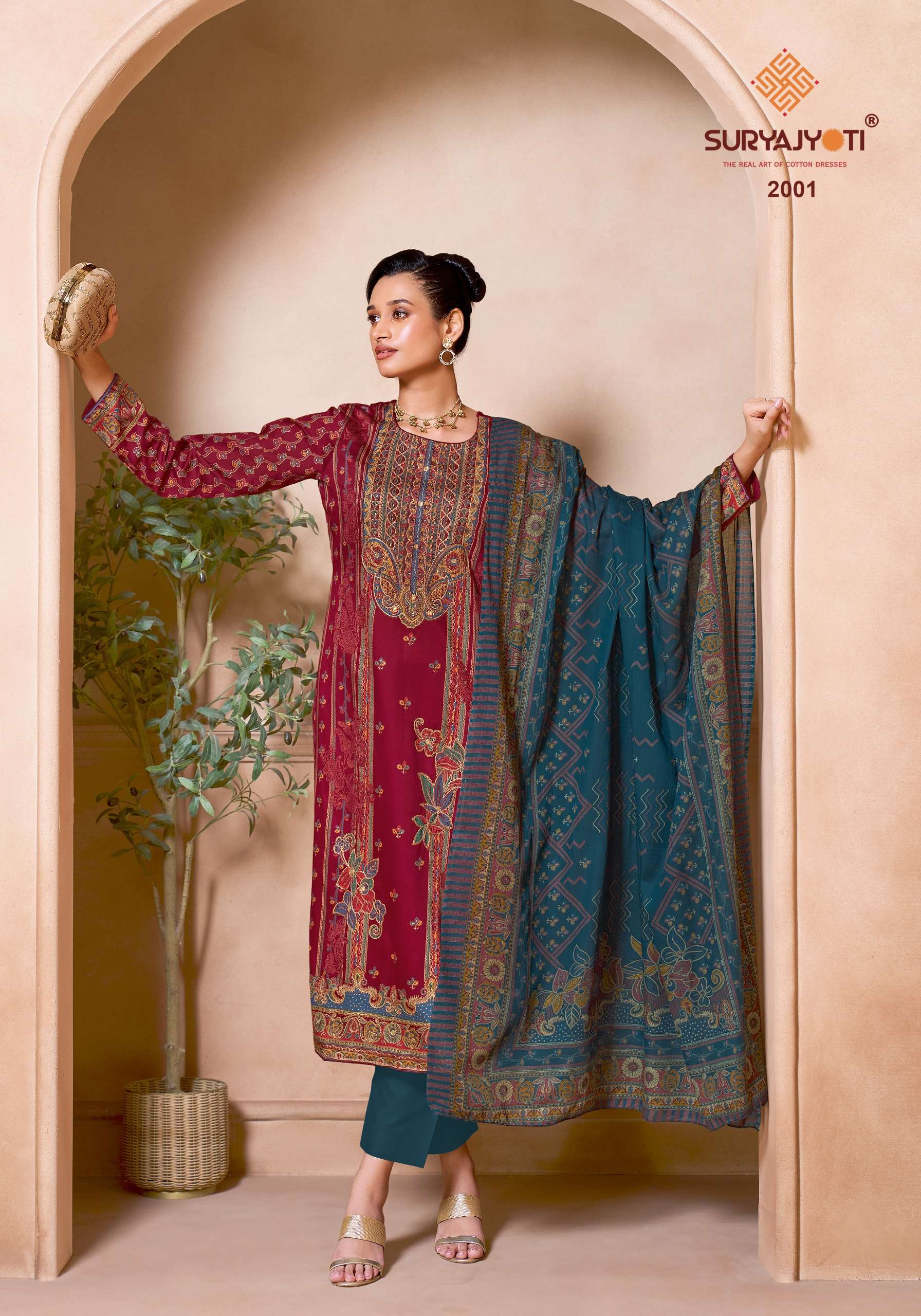 SURYAJYOTI ZARINA VOL 2 JAM SATIN PRINT WITH SWAROVSKI WORK SUIT