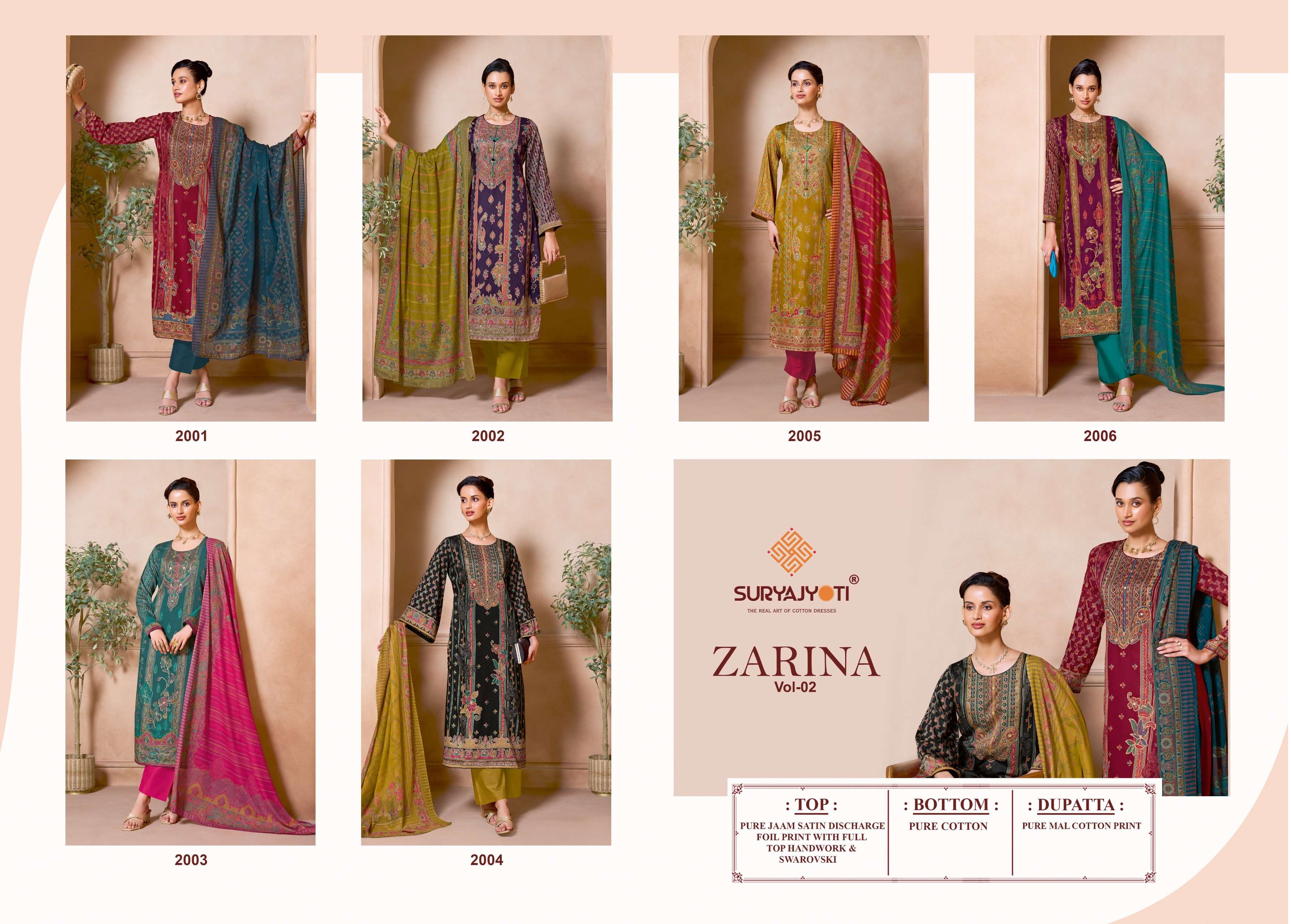 SURYAJYOTI ZARINA VOL 2 JAM SATIN PRINT WITH SWAROVSKI WORK SUIT