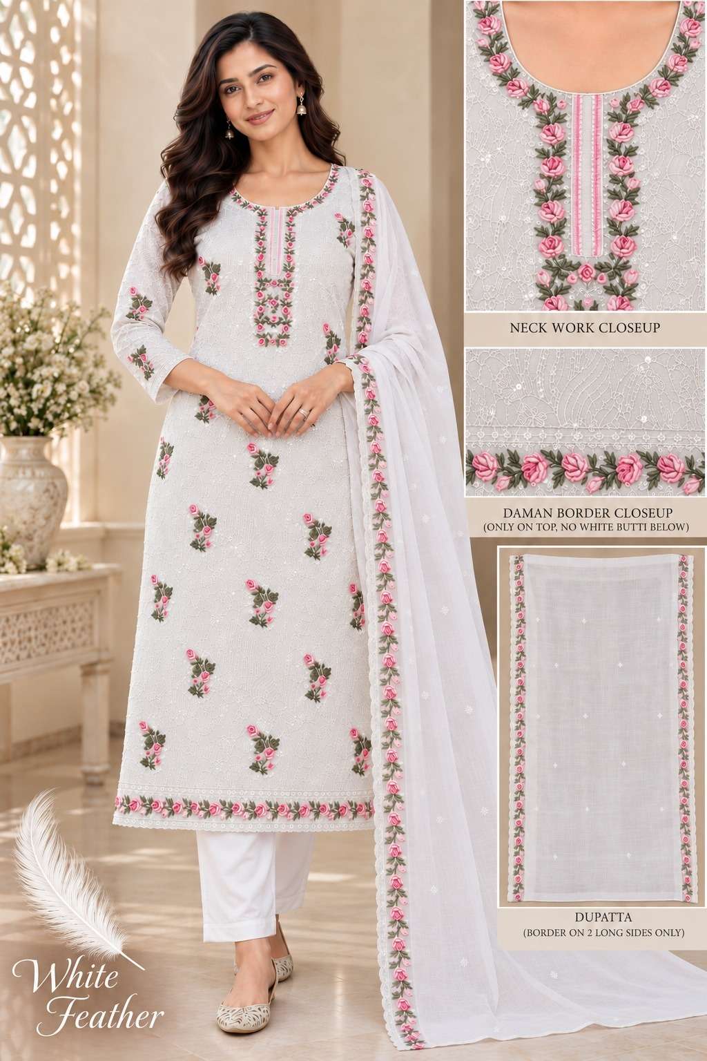 VISHWAM FABRICS WHITE FEATHER COTTON EMBROIDERY DESIGNER WORK LADIES SUIT