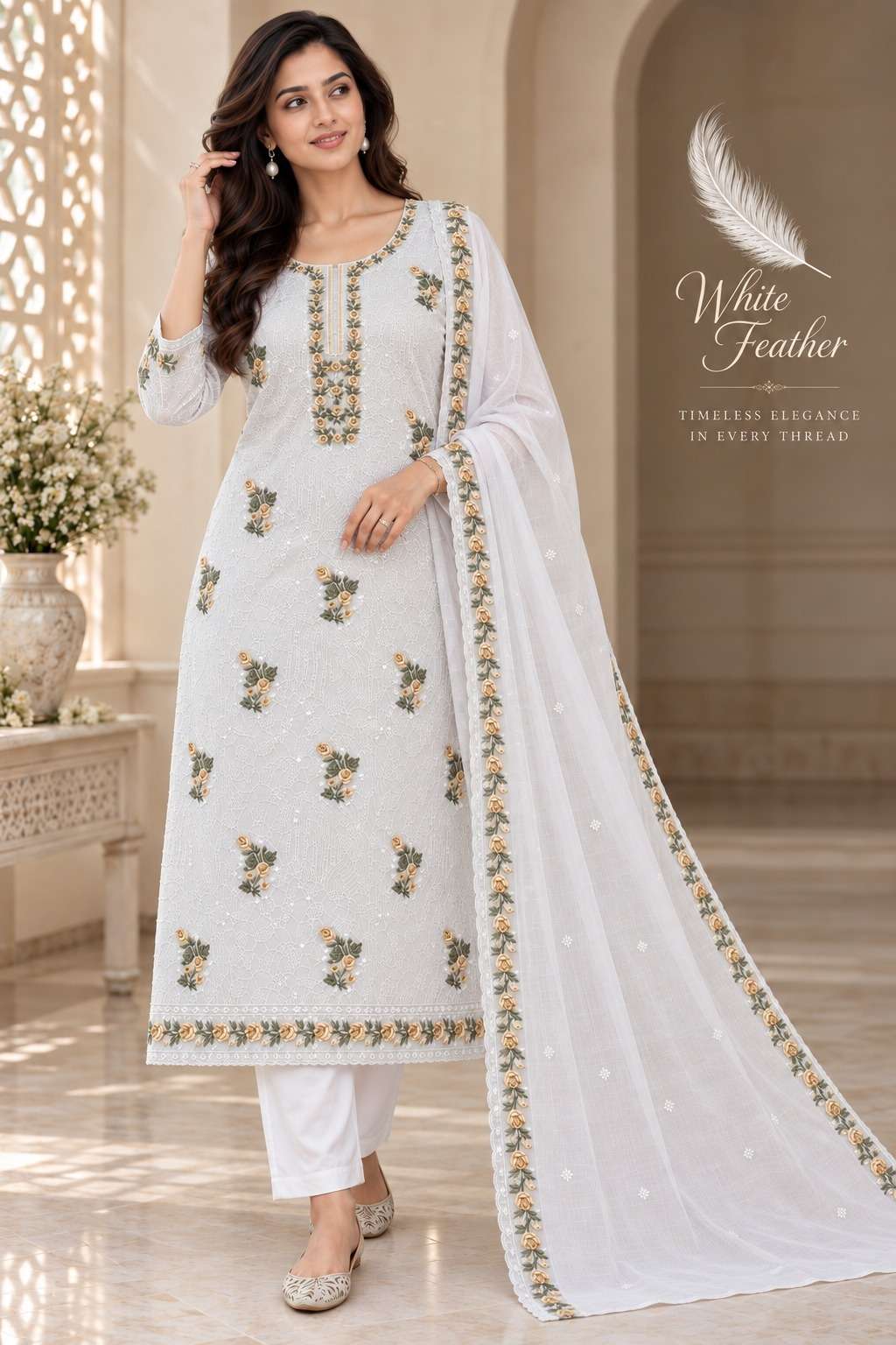 VISHWAM FABRICS WHITE FEATHER COTTON EMBROIDERY DESIGNER WORK LADIES SUIT