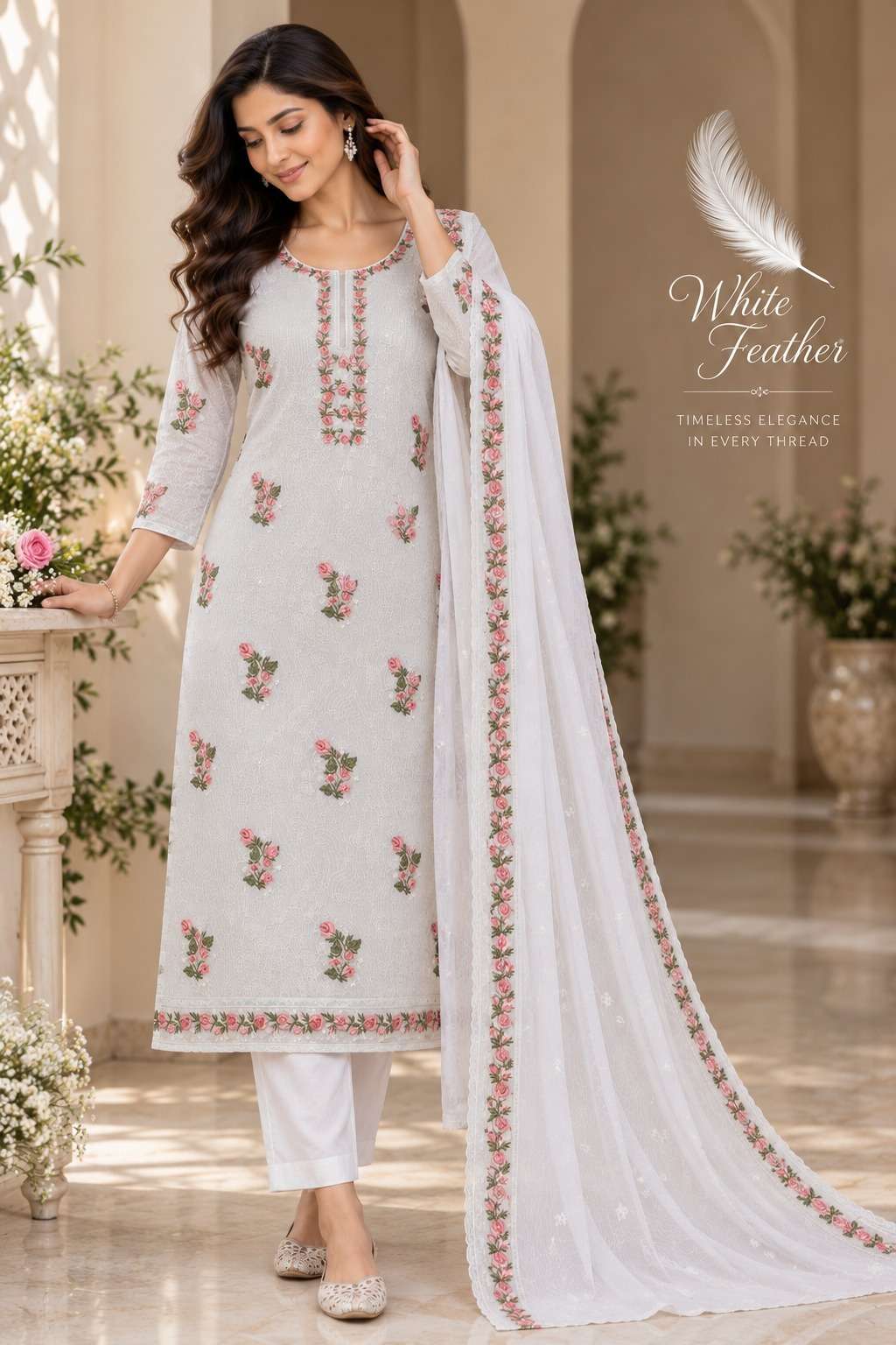 VISHWAM FABRICS WHITE FEATHER COTTON EMBROIDERY DESIGNER WORK LADIES SUIT