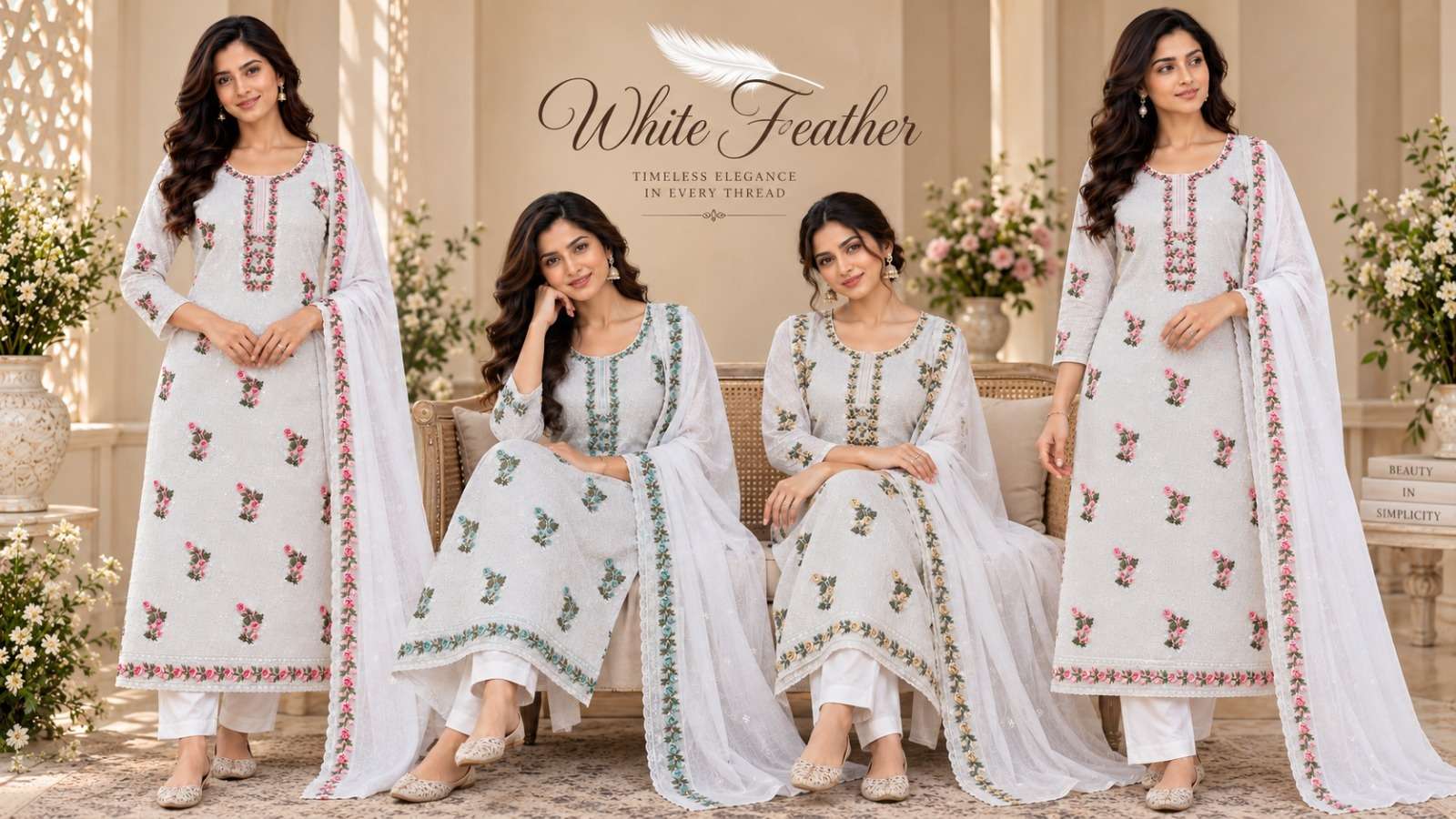 VISHWAM FABRICS WHITE FEATHER COTTON EMBROIDERY DESIGNER WORK LADIES SUIT