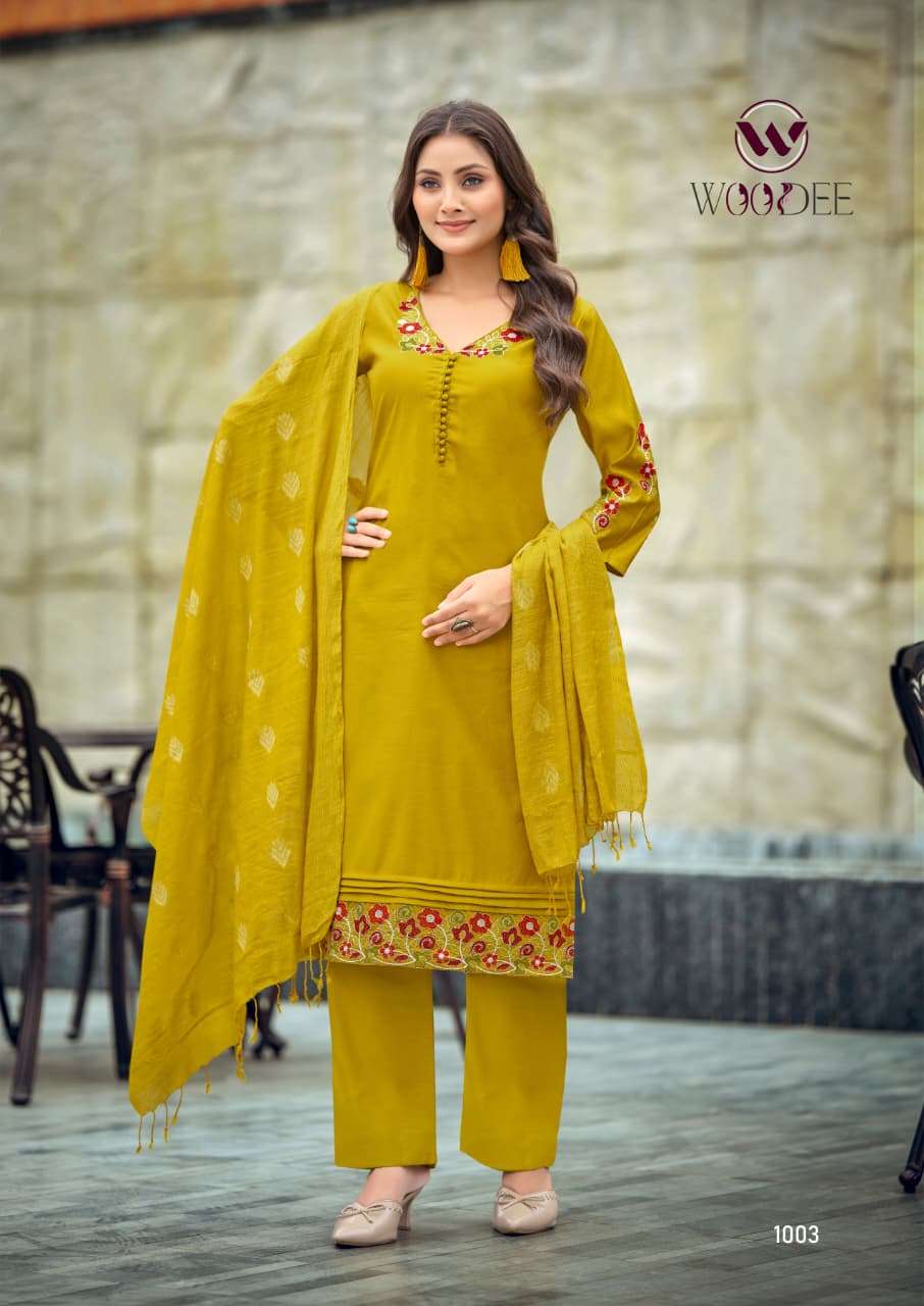 WOODEE TANISHA VOL 2 VISCOSE FANCY WORKS LADIES KURTI BOTTOM AND DUPATTA SET 