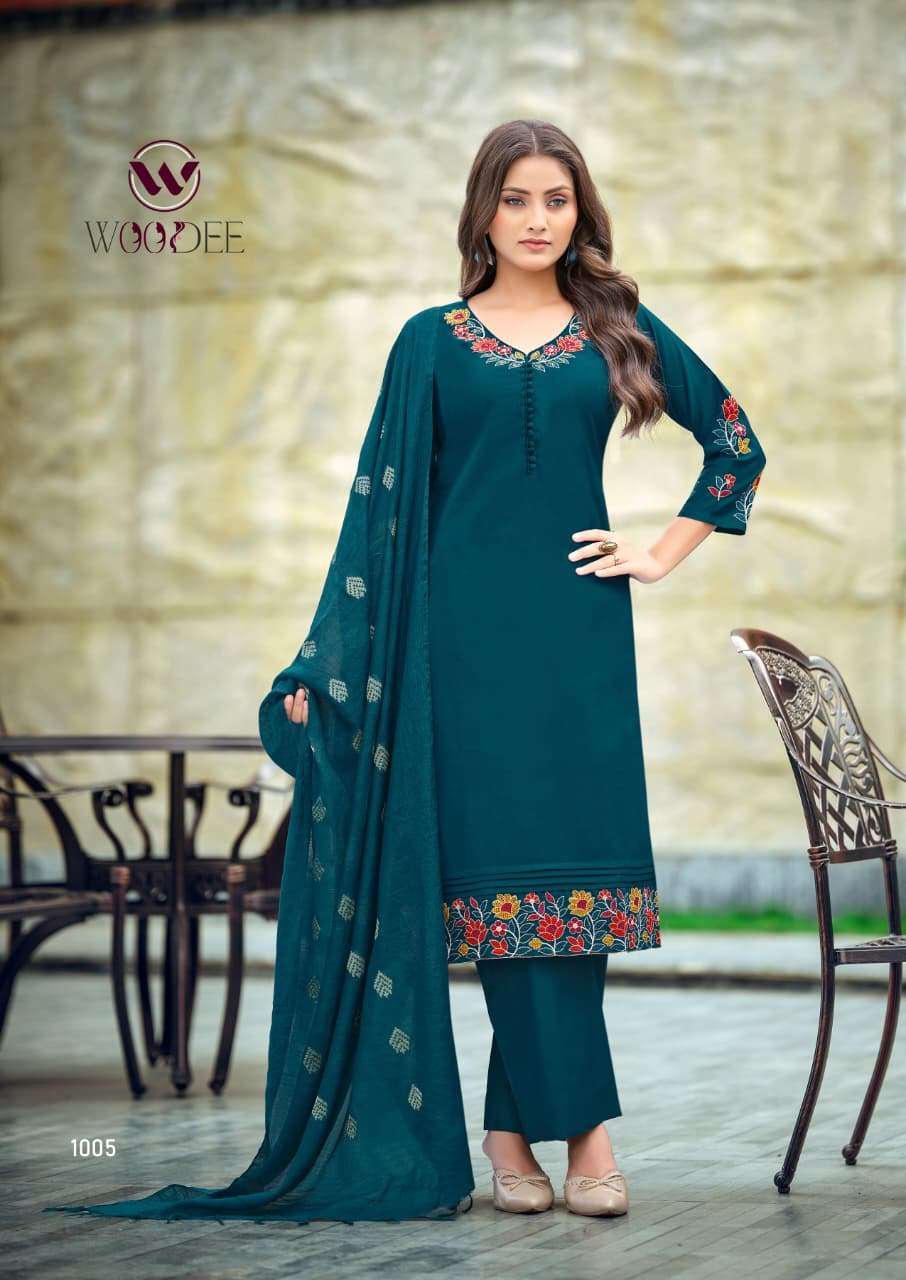 WOODEE TANISHA VOL 2 VISCOSE FANCY WORKS LADIES KURTI BOTTOM AND DUPATTA SET 