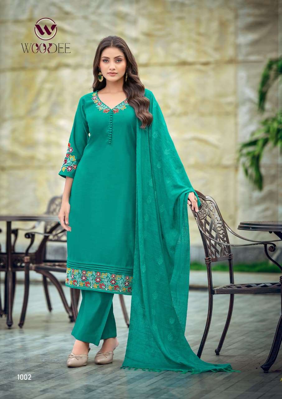 WOODEE TANISHA VOL 2 VISCOSE FANCY WORKS LADIES KURTI BOTTOM AND DUPATTA SET 