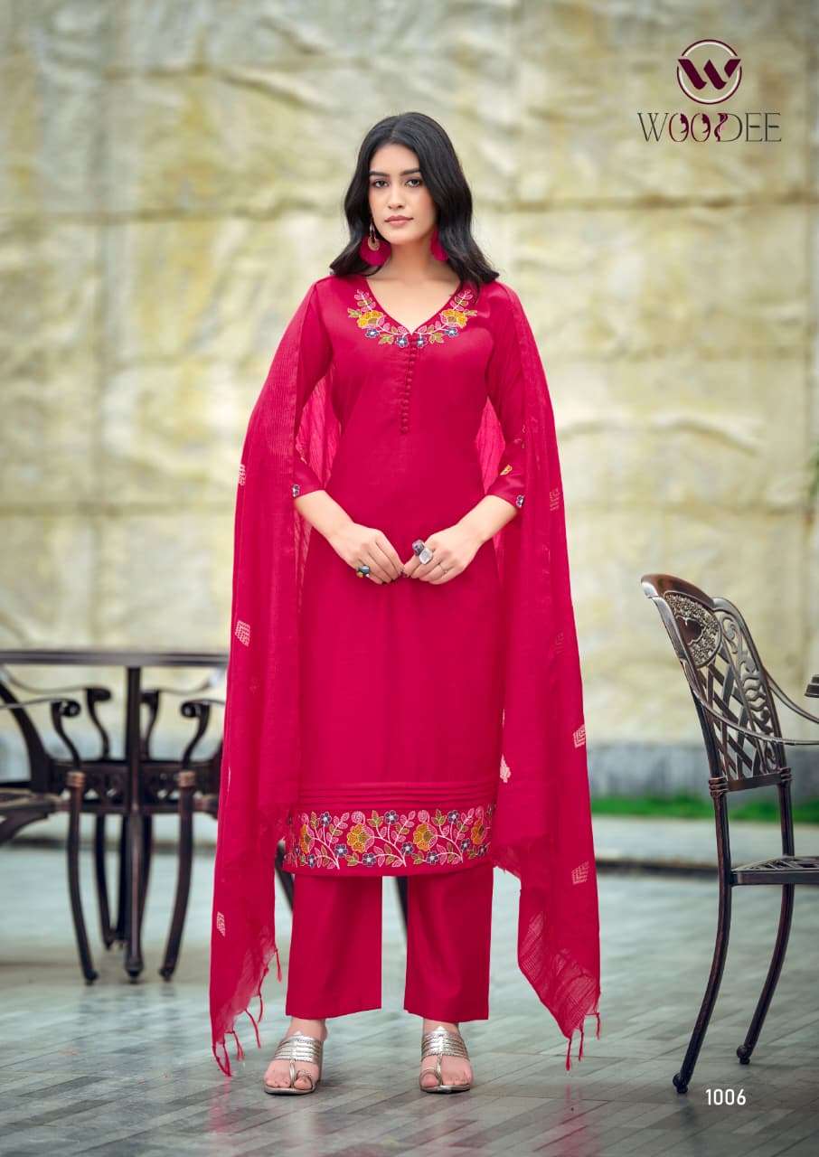 WOODEE TANISHA VOL 2 VISCOSE FANCY WORKS LADIES KURTI BOTTOM AND DUPATTA SET 