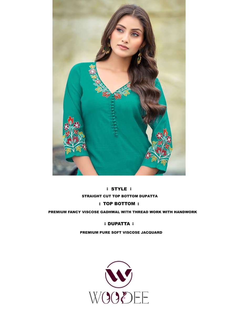 WOODEE TANISHA VOL 2 VISCOSE FANCY WORKS LADIES KURTI BOTTOM AND DUPATTA SET 