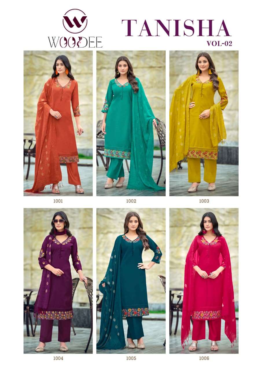 WOODEE TANISHA VOL 2 VISCOSE FANCY WORKS LADIES KURTI BOTTOM AND DUPATTA SET 