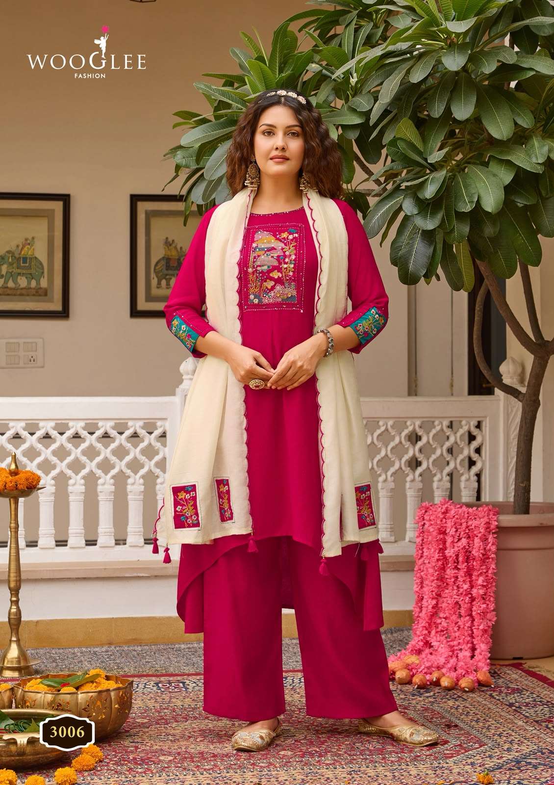WOOGLEE UTSAVI VISCOSE FANCY WORKS LADIES KURTI BOTTOM AND DUPATTA SET 