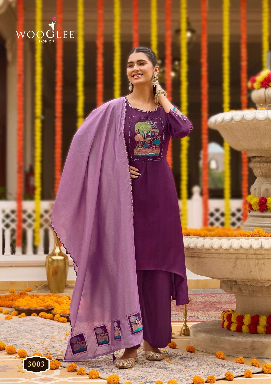 WOOGLEE UTSAVI VISCOSE FANCY WORKS LADIES KURTI BOTTOM AND DUPATTA SET 
