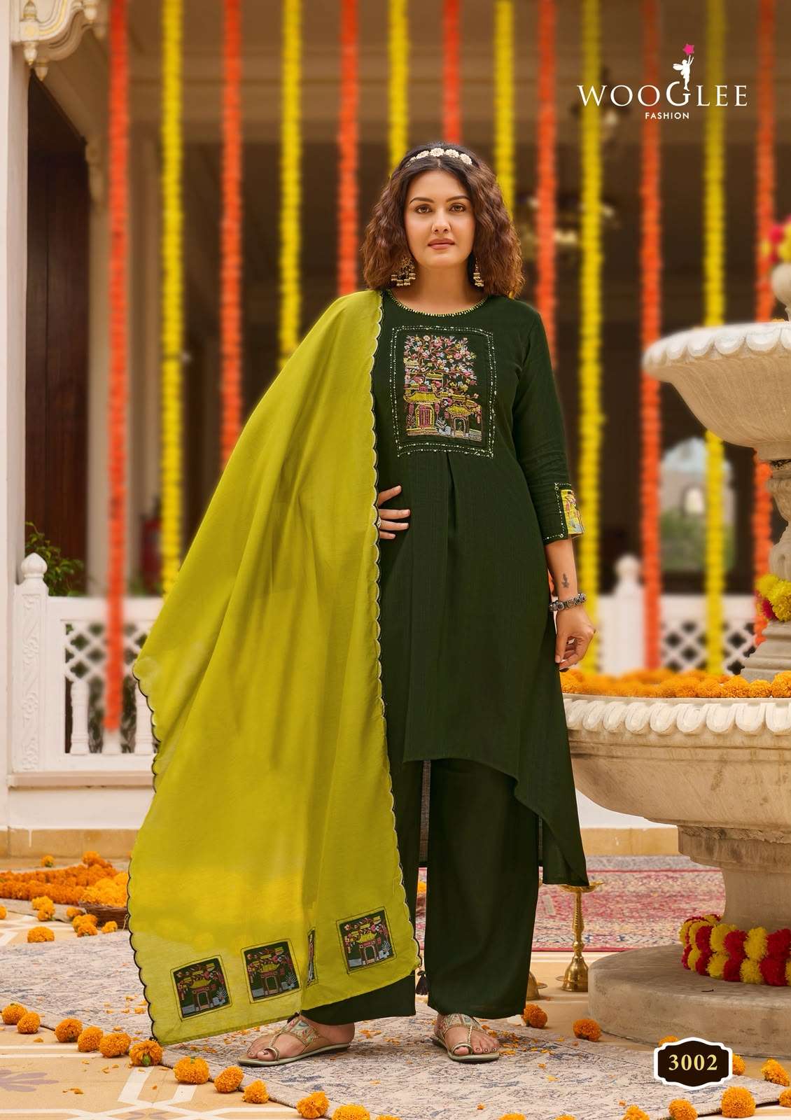WOOGLEE UTSAVI VISCOSE FANCY WORKS LADIES KURTI BOTTOM AND DUPATTA SET 