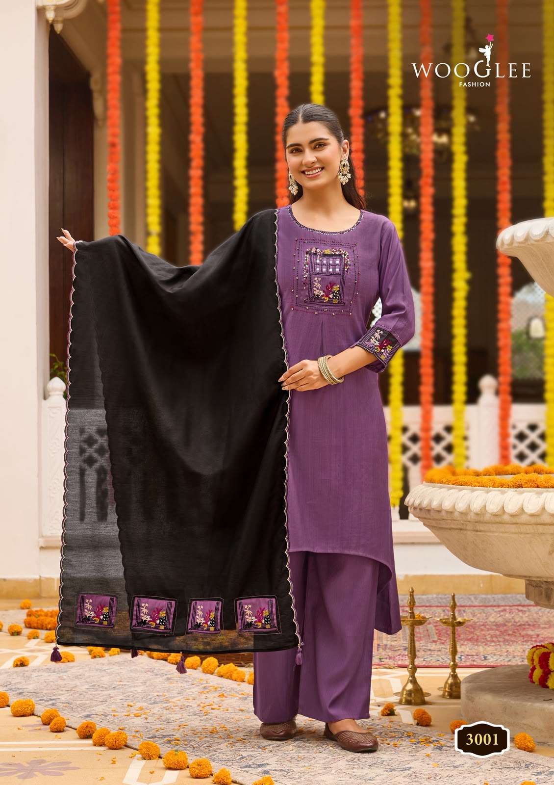 WOOGLEE UTSAVI VISCOSE FANCY WORKS LADIES KURTI BOTTOM AND DUPATTA SET 