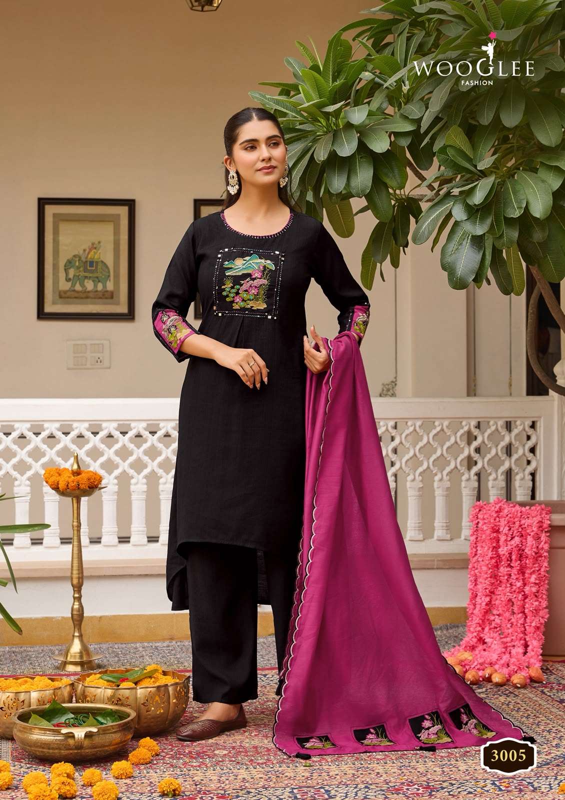WOOGLEE UTSAVI VISCOSE FANCY WORKS LADIES KURTI BOTTOM AND DUPATTA SET 