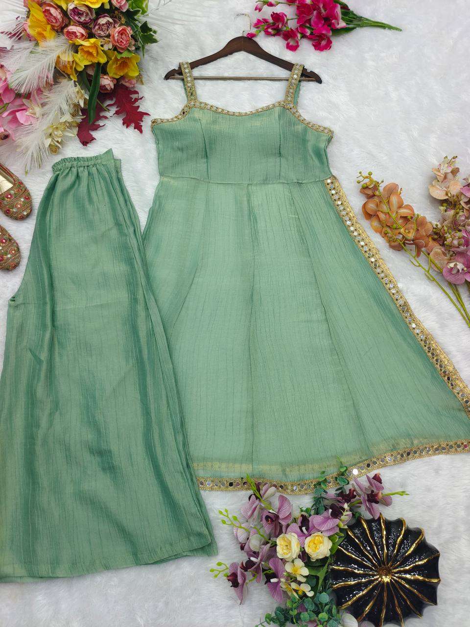 WW 1285 SILK DESIGNER WORK FESTIVE WEAR LADIES TOP AND PLAZZO SUIT