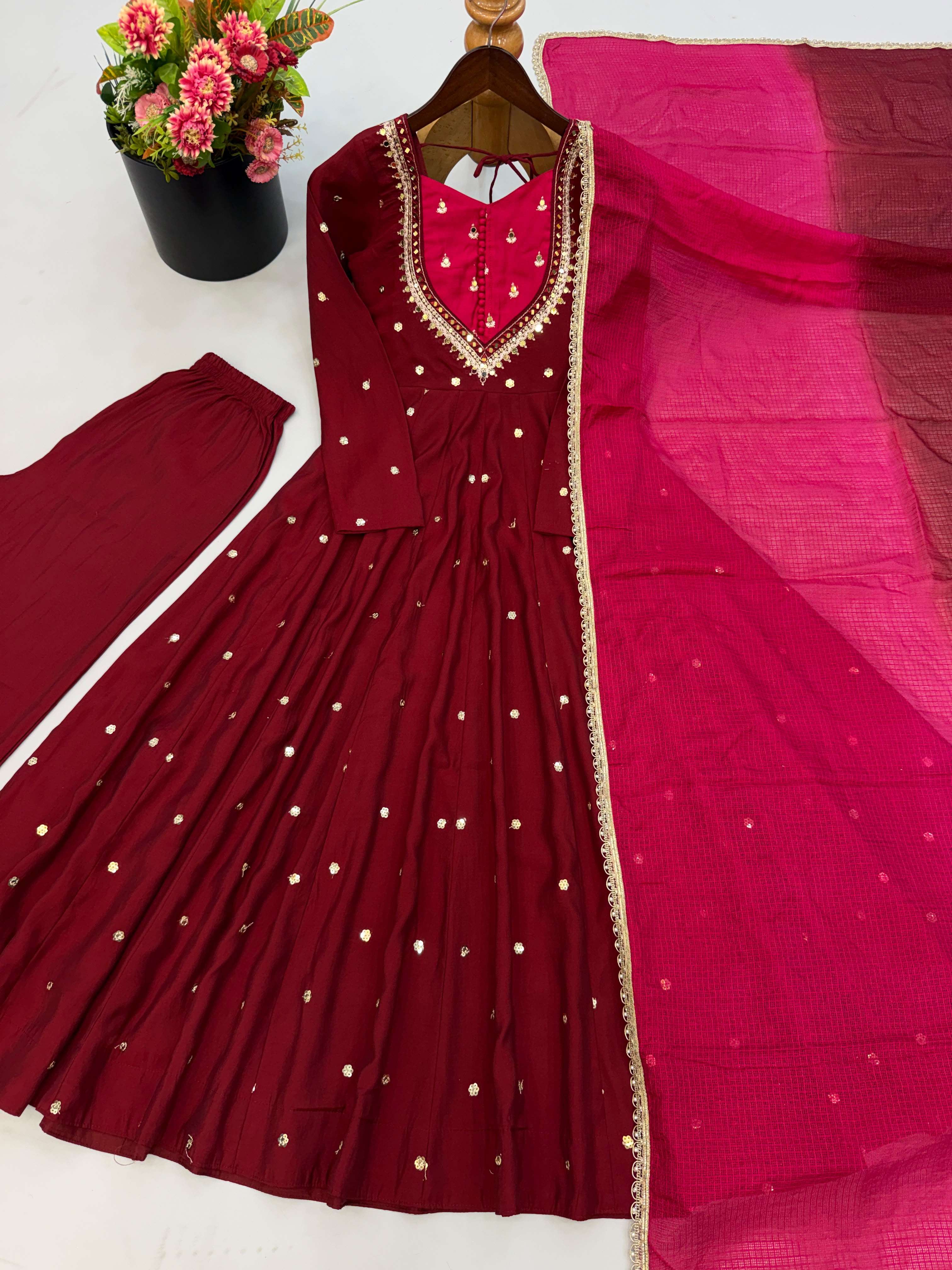 ZF 5023 SILK SEQUENCE EMBROIDERY DESIGNER WORK READY MADE ANARKALI GOWN STYLE SUIT