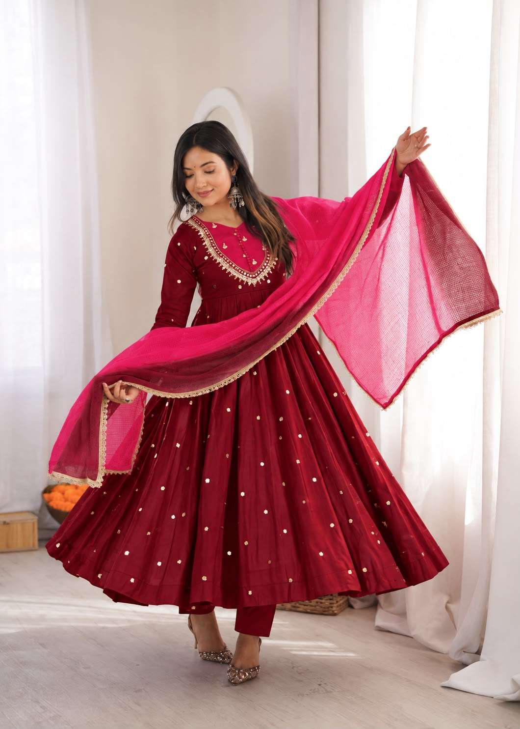ZF 5023 SILK SEQUENCE EMBROIDERY DESIGNER WORK READY MADE ANARKALI GOWN STYLE SUIT