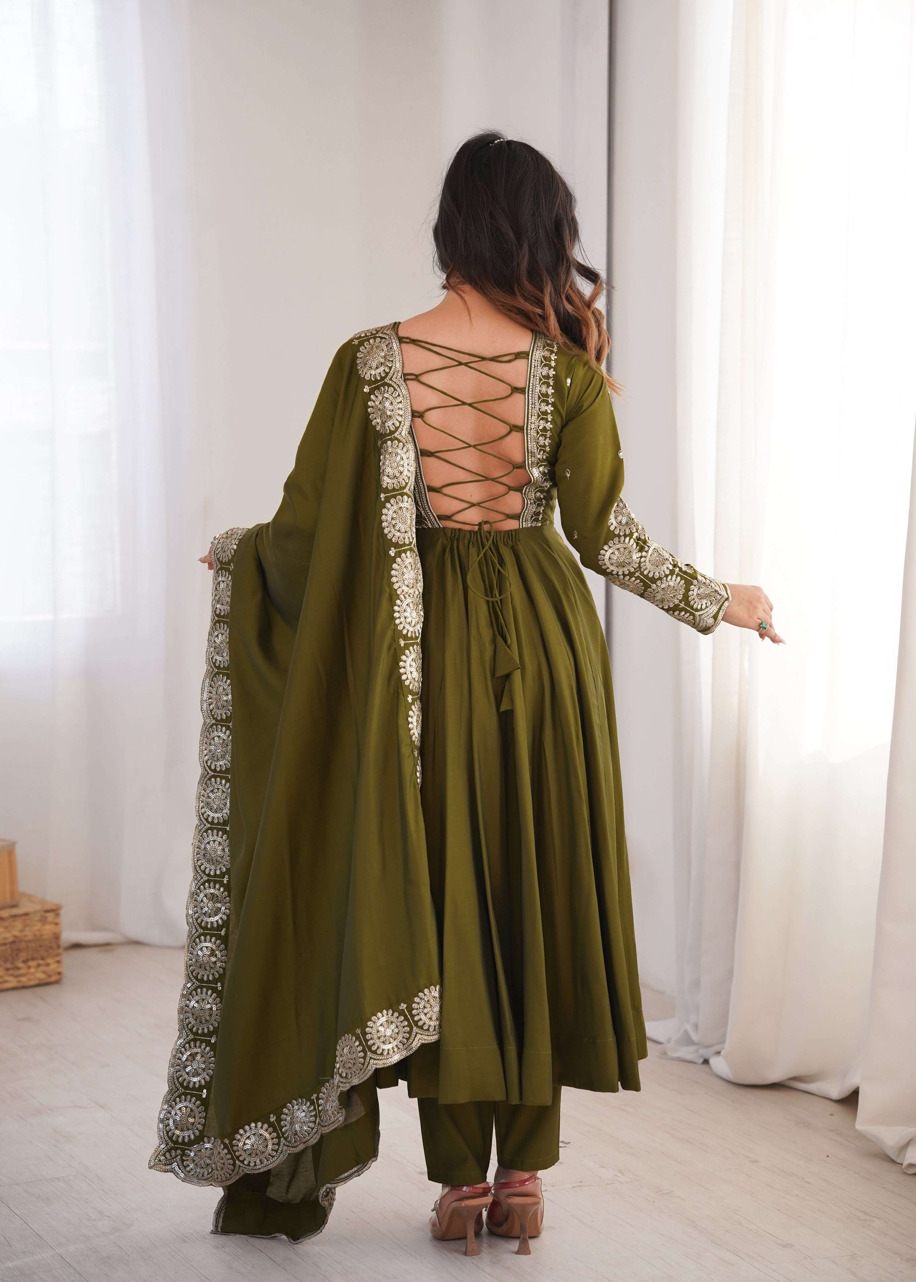 ZF 5026 SILK SEQUENCE EMBROIDERY DESIGNER WORK READY MADE ANARKALI GOWN STYLE SUIT 