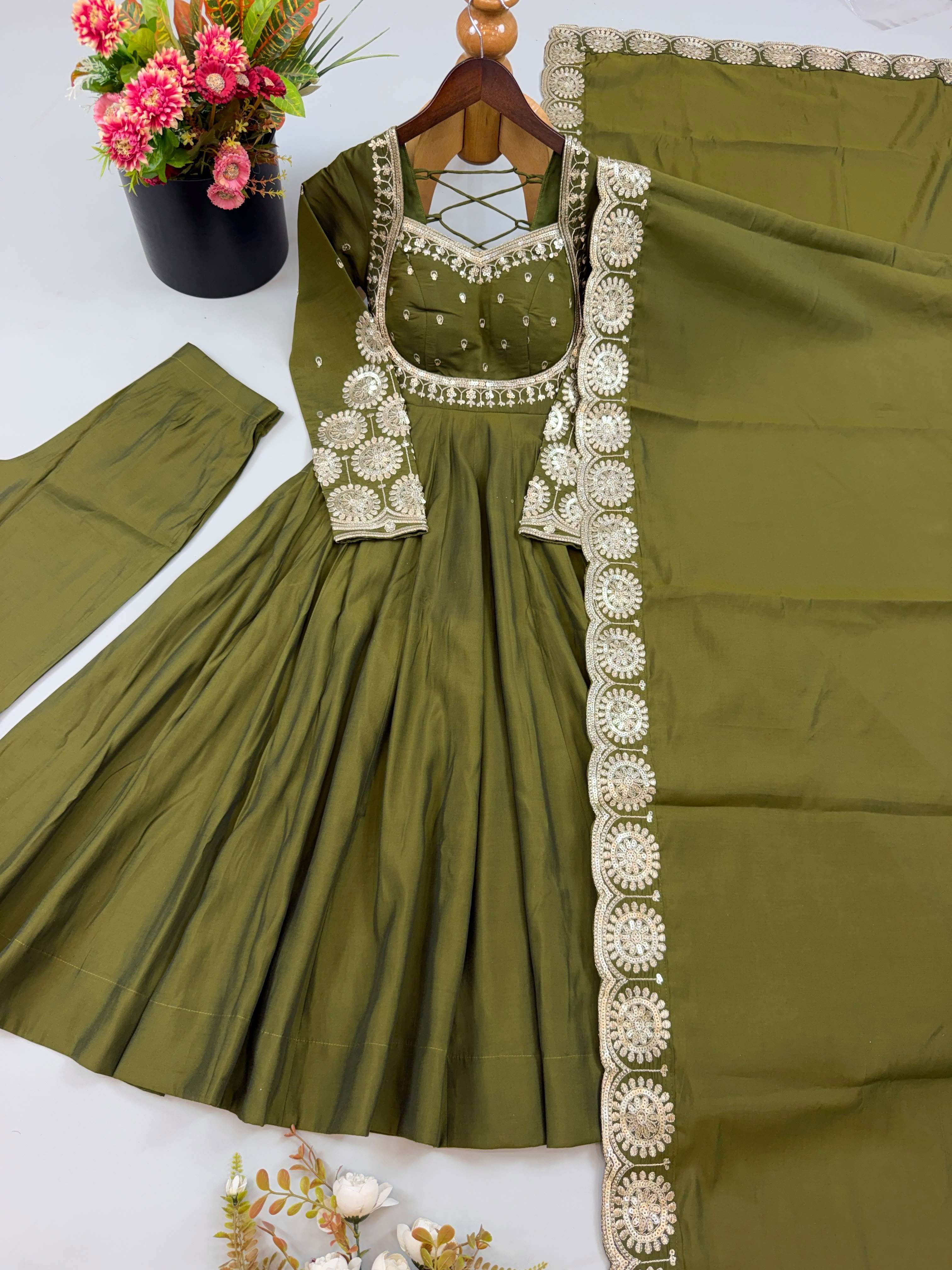 ZF 5026 SILK SEQUENCE EMBROIDERY DESIGNER WORK READY MADE ANARKALI GOWN STYLE SUIT 