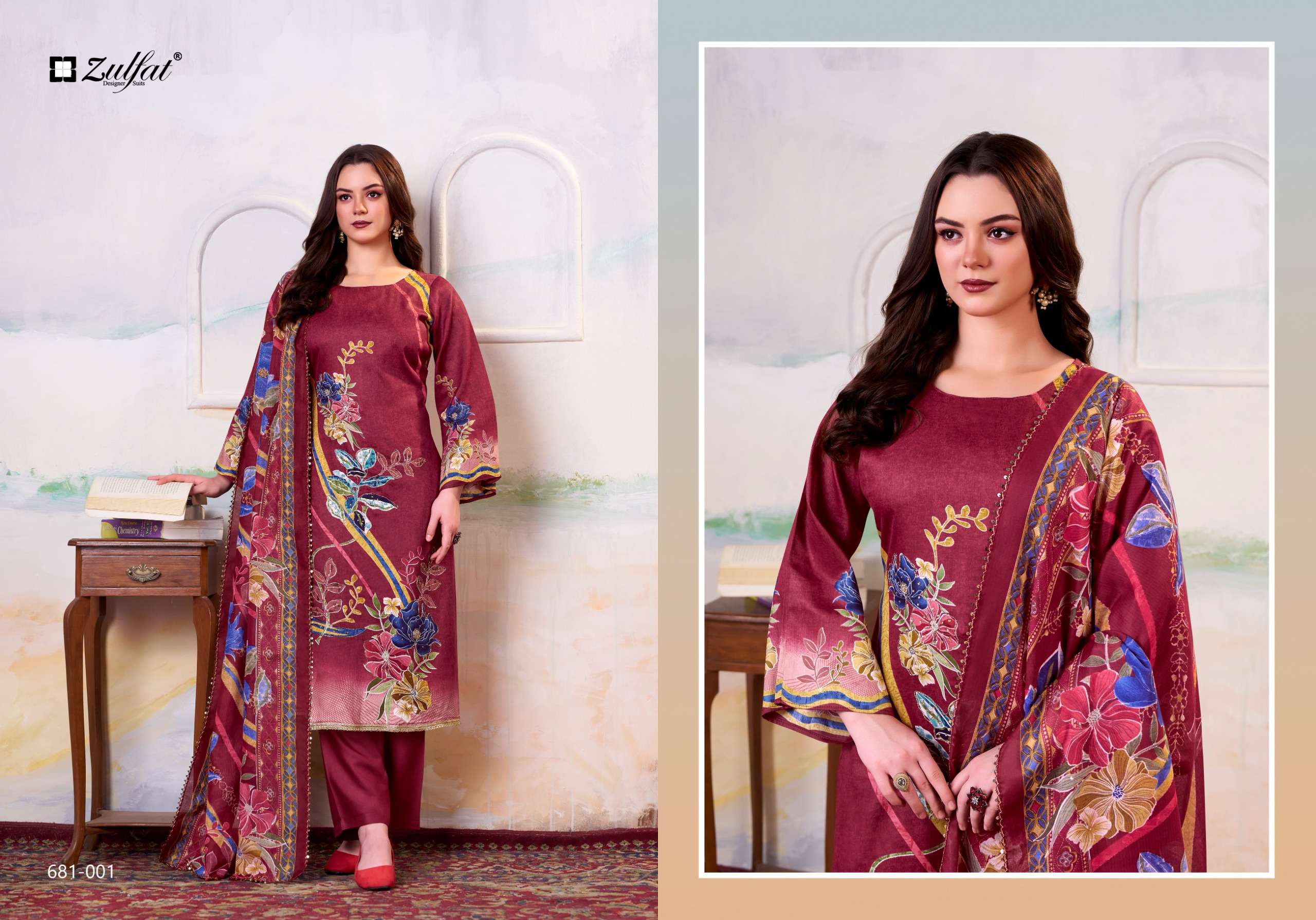 ZULFAT DESIGNER SUITS HAYAT JAM COTTON PRINT WITH FANCY WORK SUIT