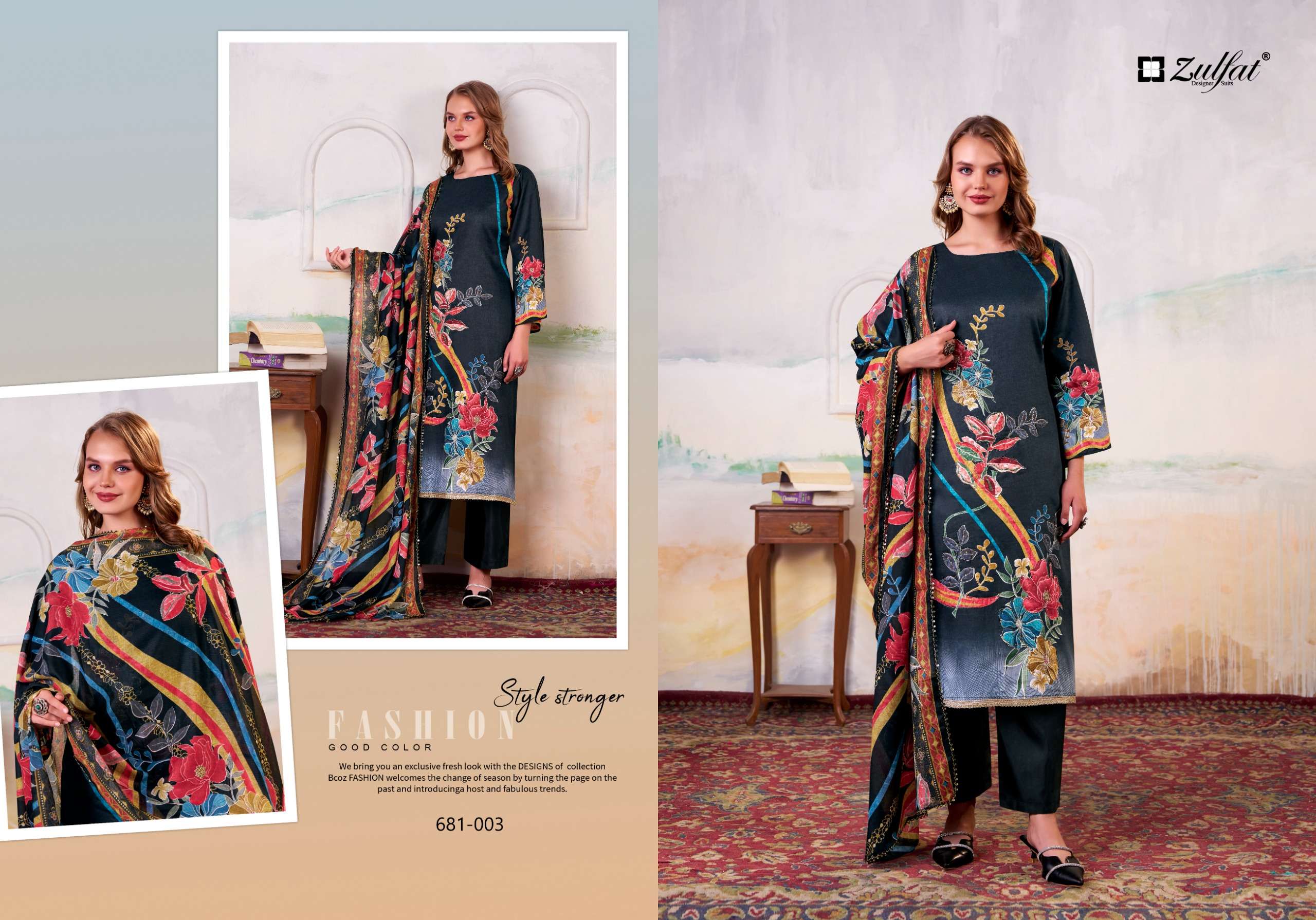 ZULFAT DESIGNER SUITS HAYAT JAM COTTON PRINT WITH FANCY WORK SUIT