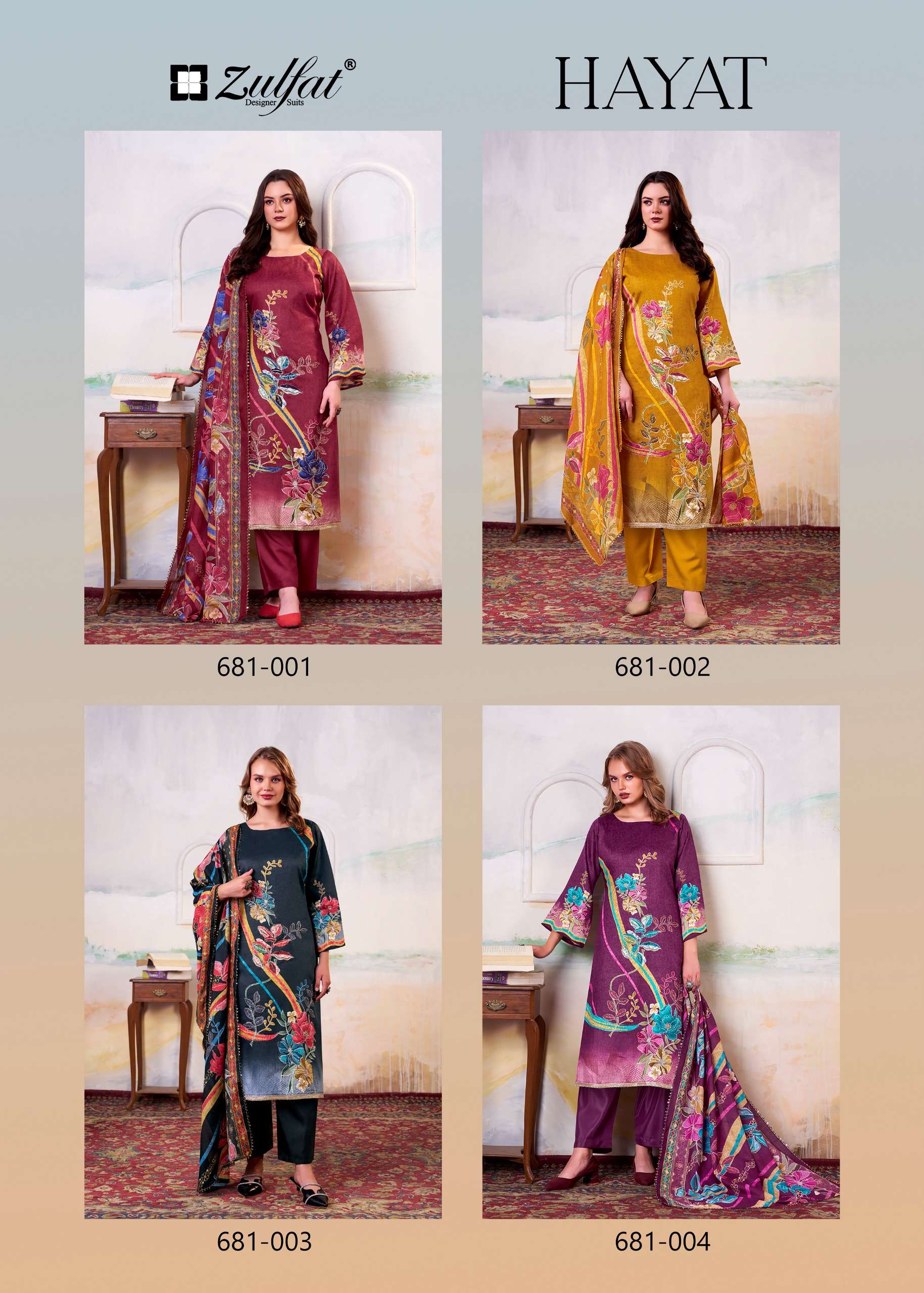 ZULFAT DESIGNER SUITS HAYAT JAM COTTON PRINT WITH FANCY WORK SUIT